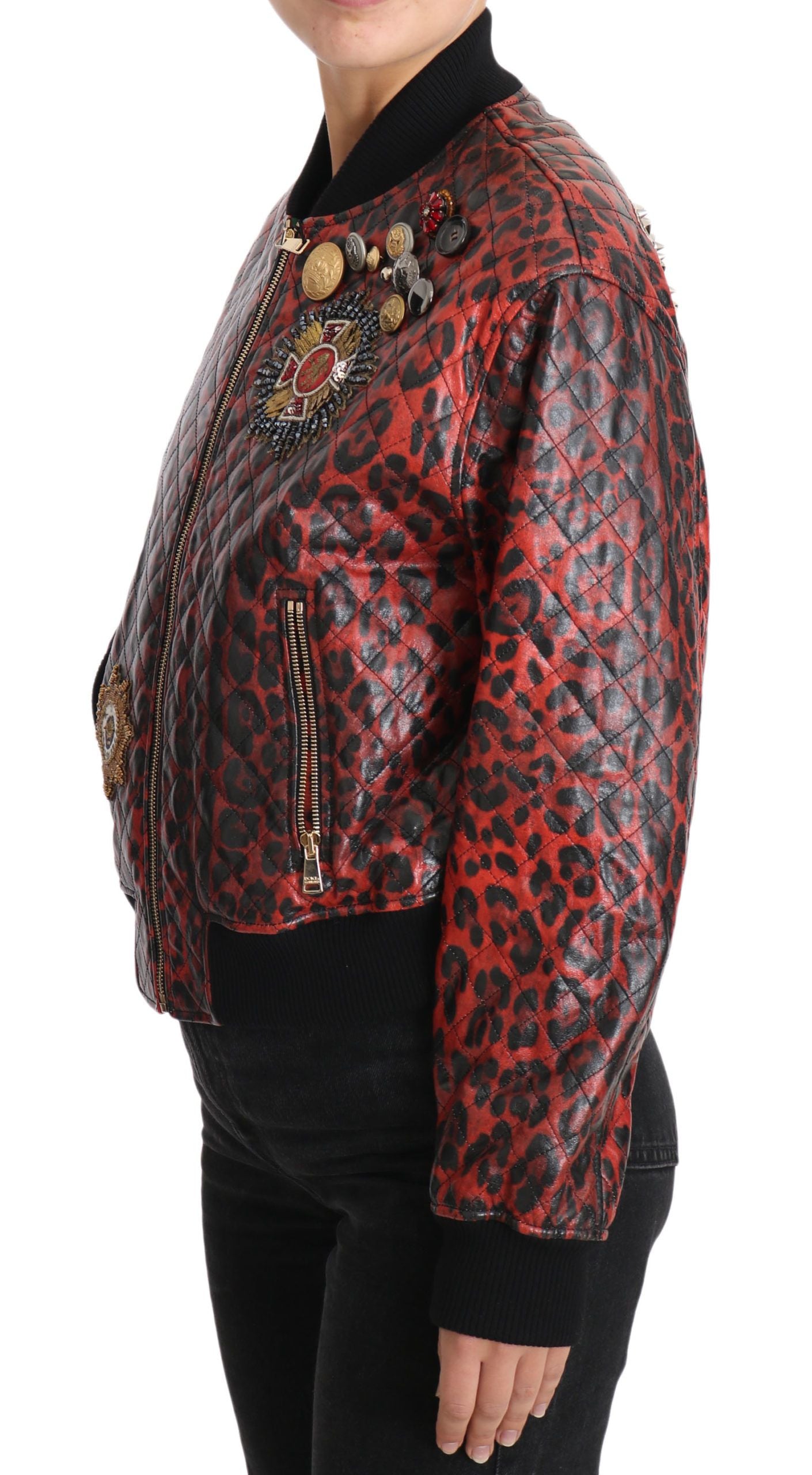 Dolce & Gabbana Red Leopard Bomber Leather Jacket with Crystal Buttons