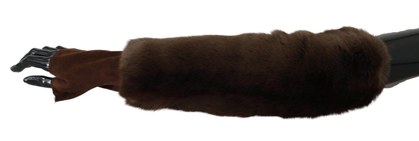 Dolce &amp; Gabbana Elegant Brown Fur &amp; Leather Elbow-Length Gloves