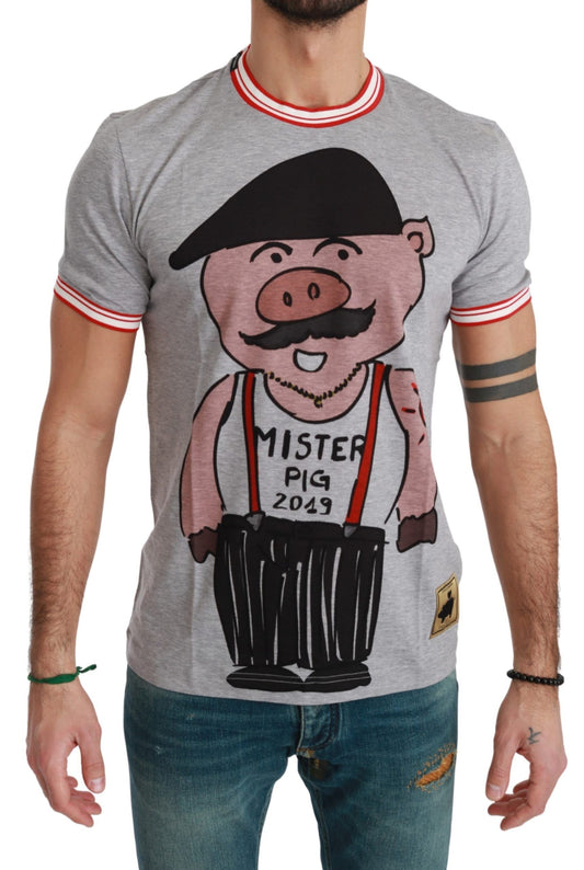 Dolce &amp; Gabbana Chic Gray Cotton T-Shirt with Year of the Pig Motive