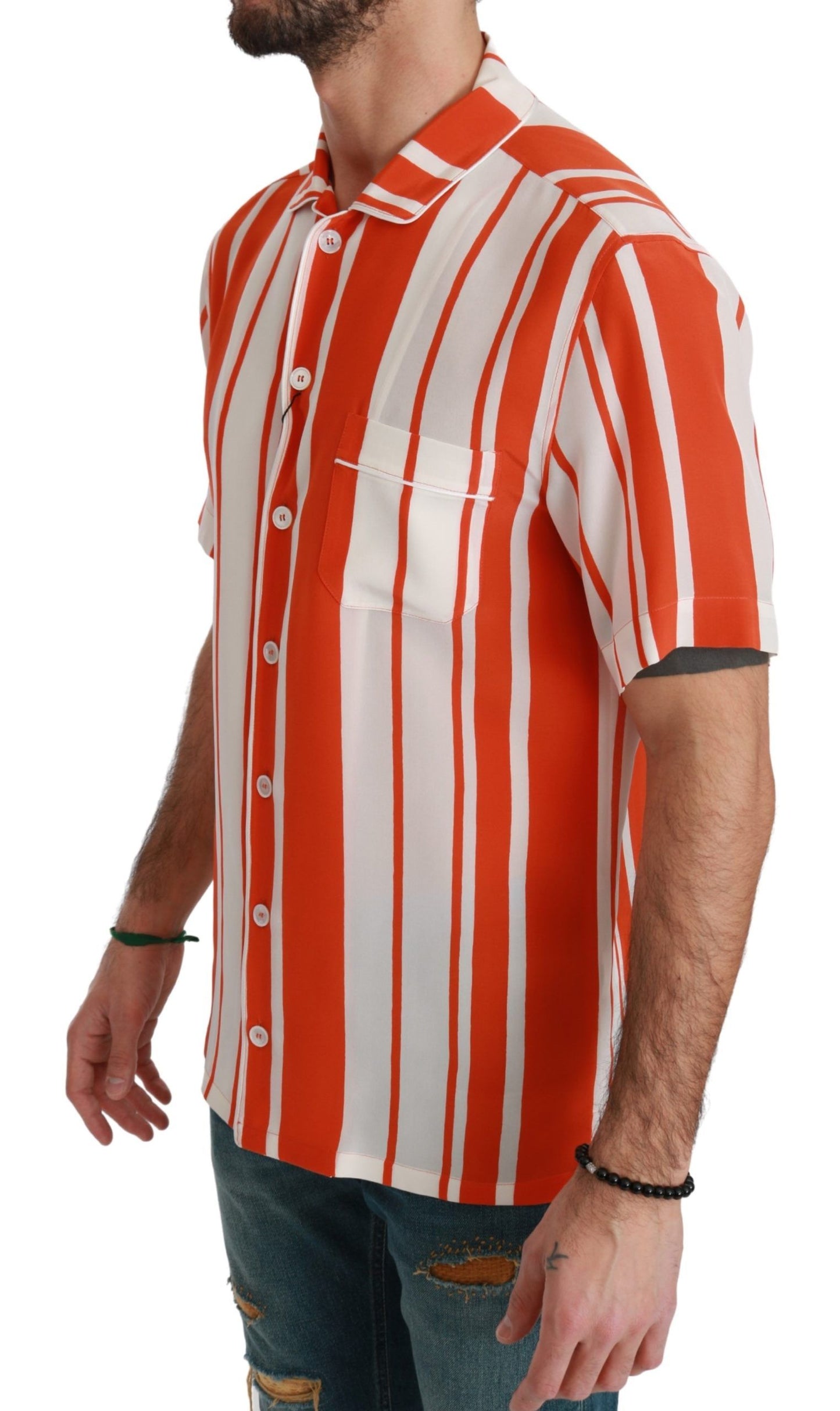 Dolce &amp; Gabbana Elegant Striped Silk Shirt - White &amp; Orange