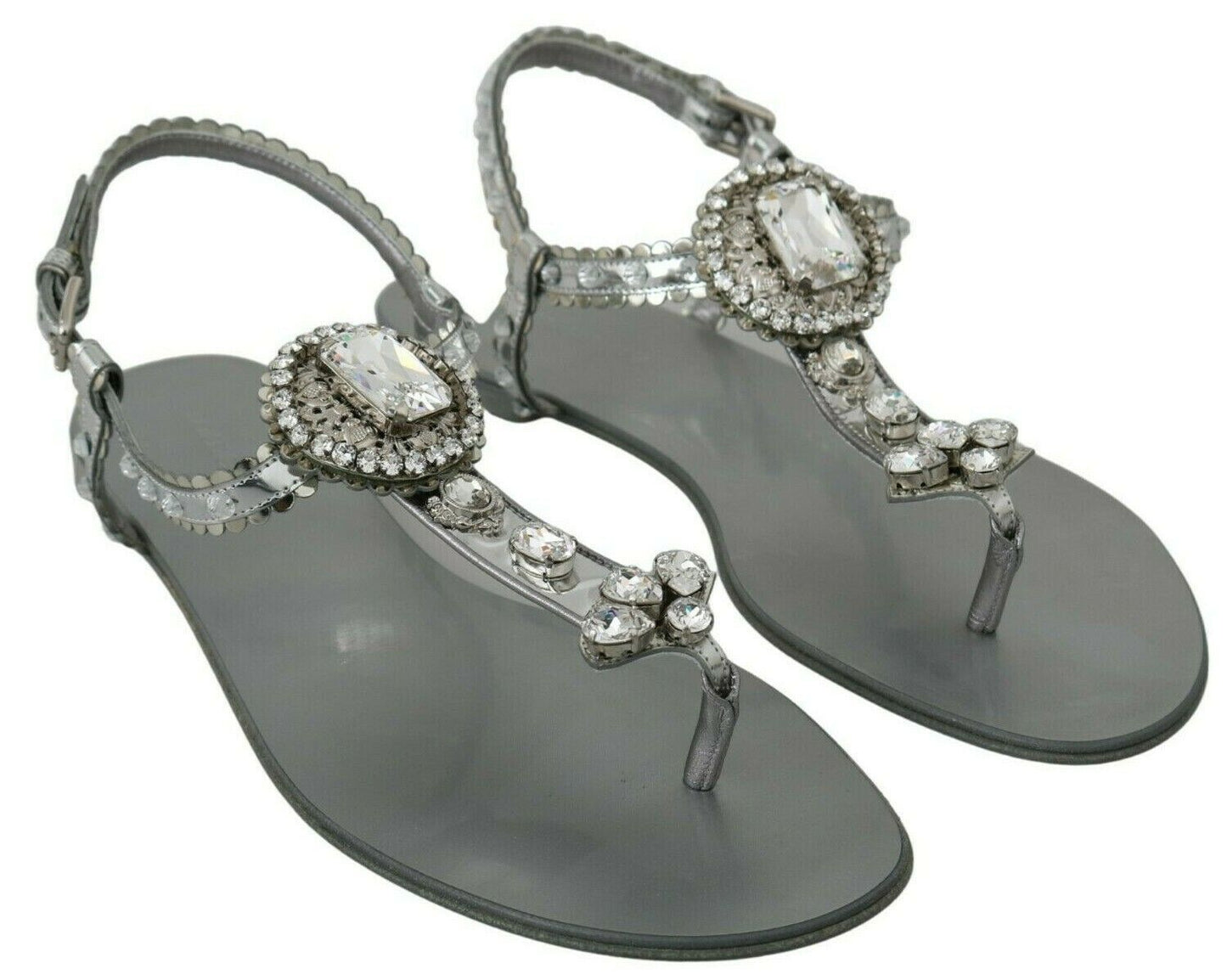 Dolce &amp; Gabbana Elegant Silver Flats with Crystal Embellishments