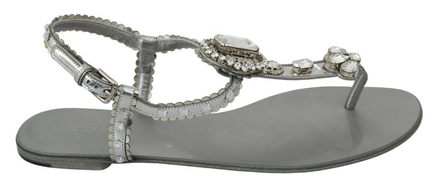 Dolce &amp; Gabbana Elegant Silver Flats with Crystal Embellishments