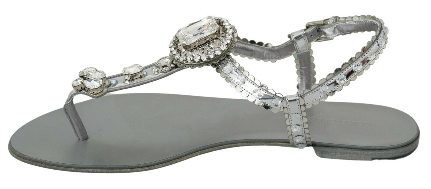 Dolce &amp; Gabbana Elegant Silver Flats with Crystal Embellishments