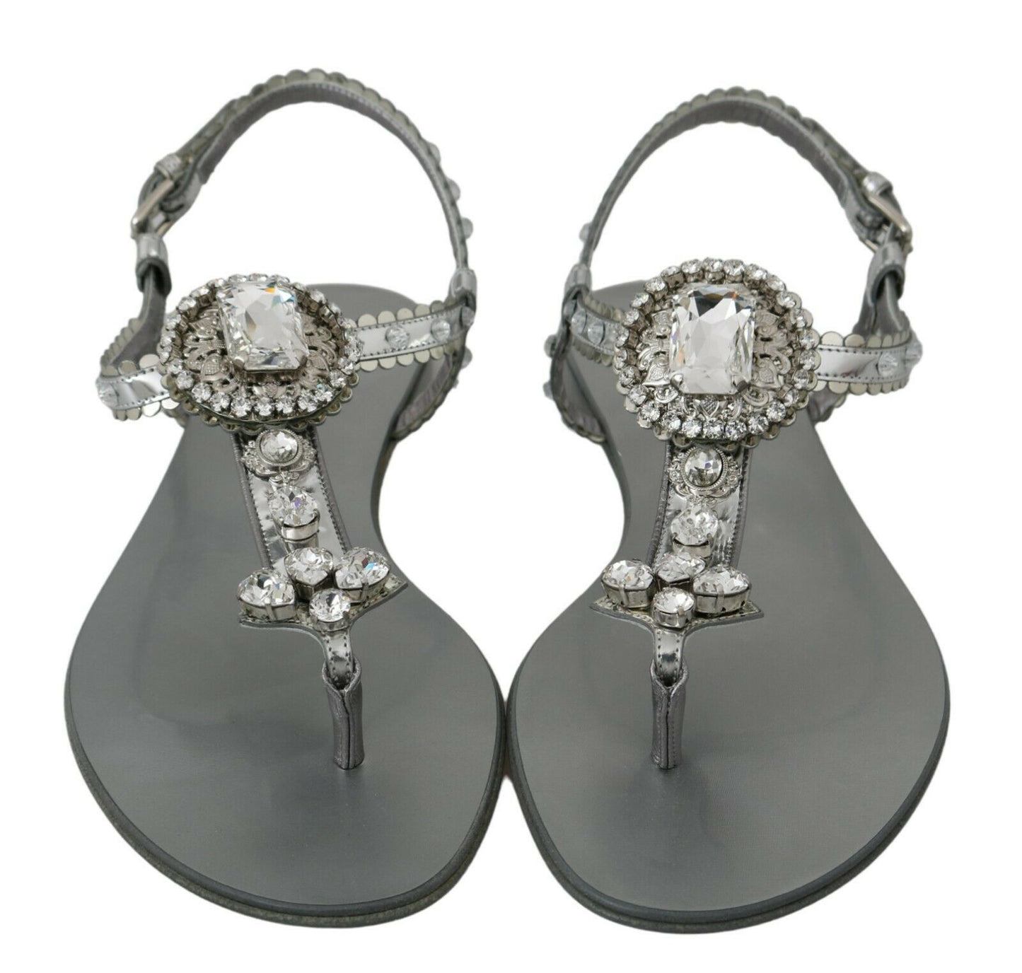 Dolce &amp; Gabbana Elegant Silver Flats with Crystal Embellishments