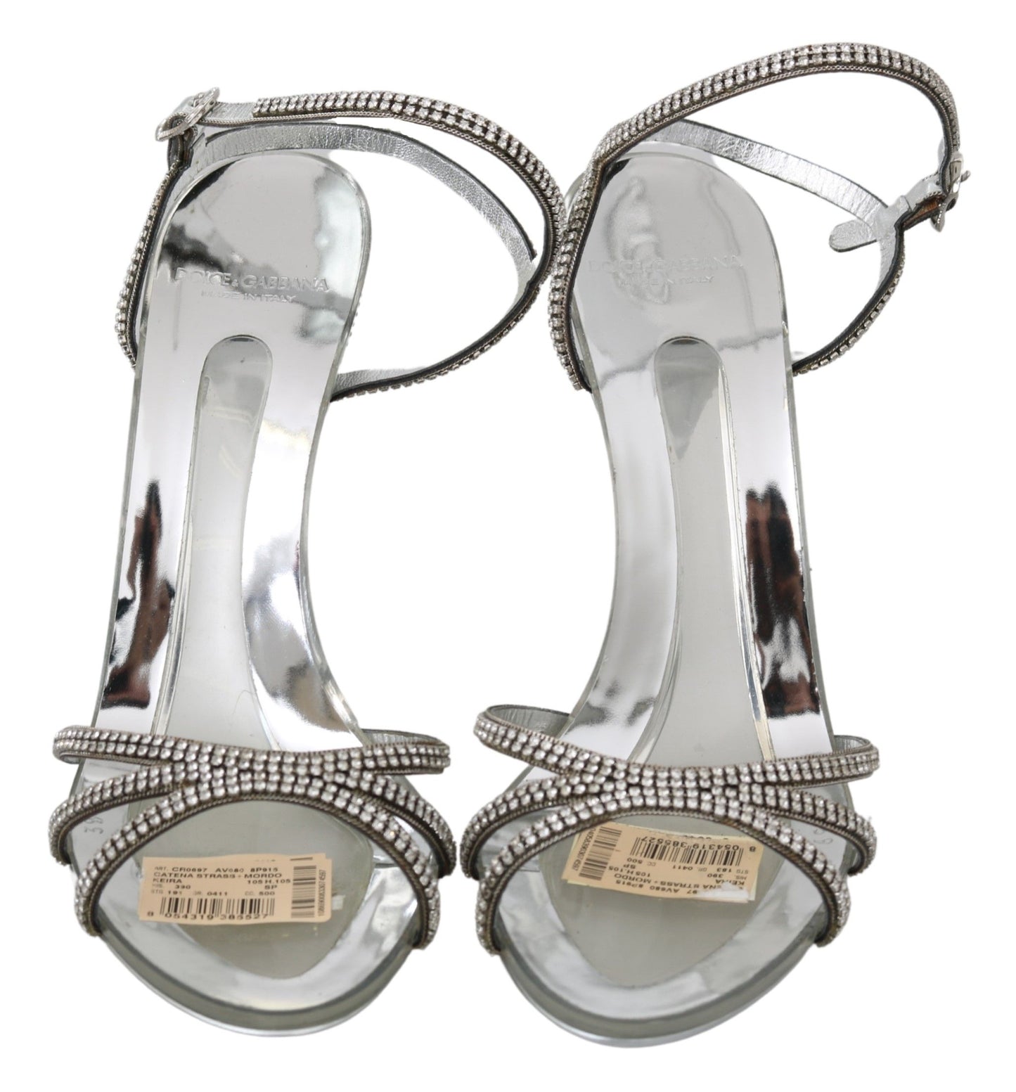 Dolce &amp; Gabbana Silver Leather Ankle Strap Sandals with Crystals