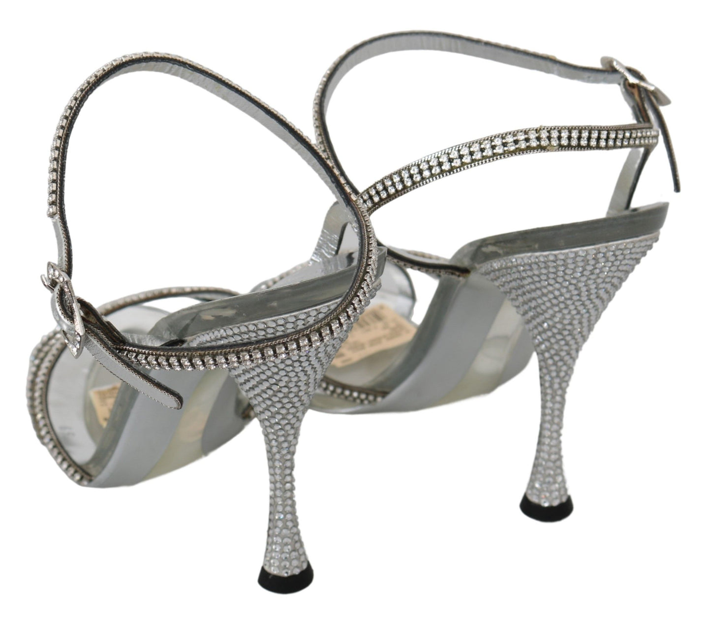 Dolce &amp; Gabbana Silver Leather Ankle Strap Sandals with Crystals