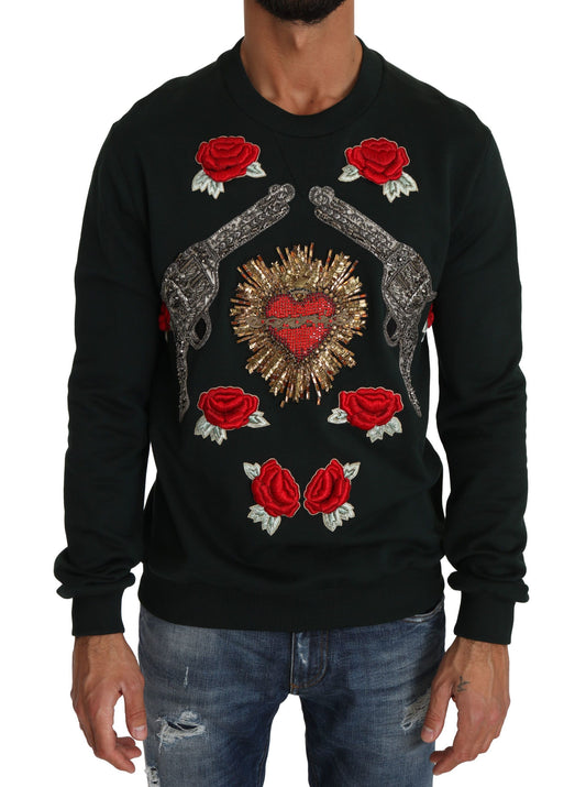 Dolce &amp; Gabbana Emerald Cotton Sweater with Crystal Embroidery