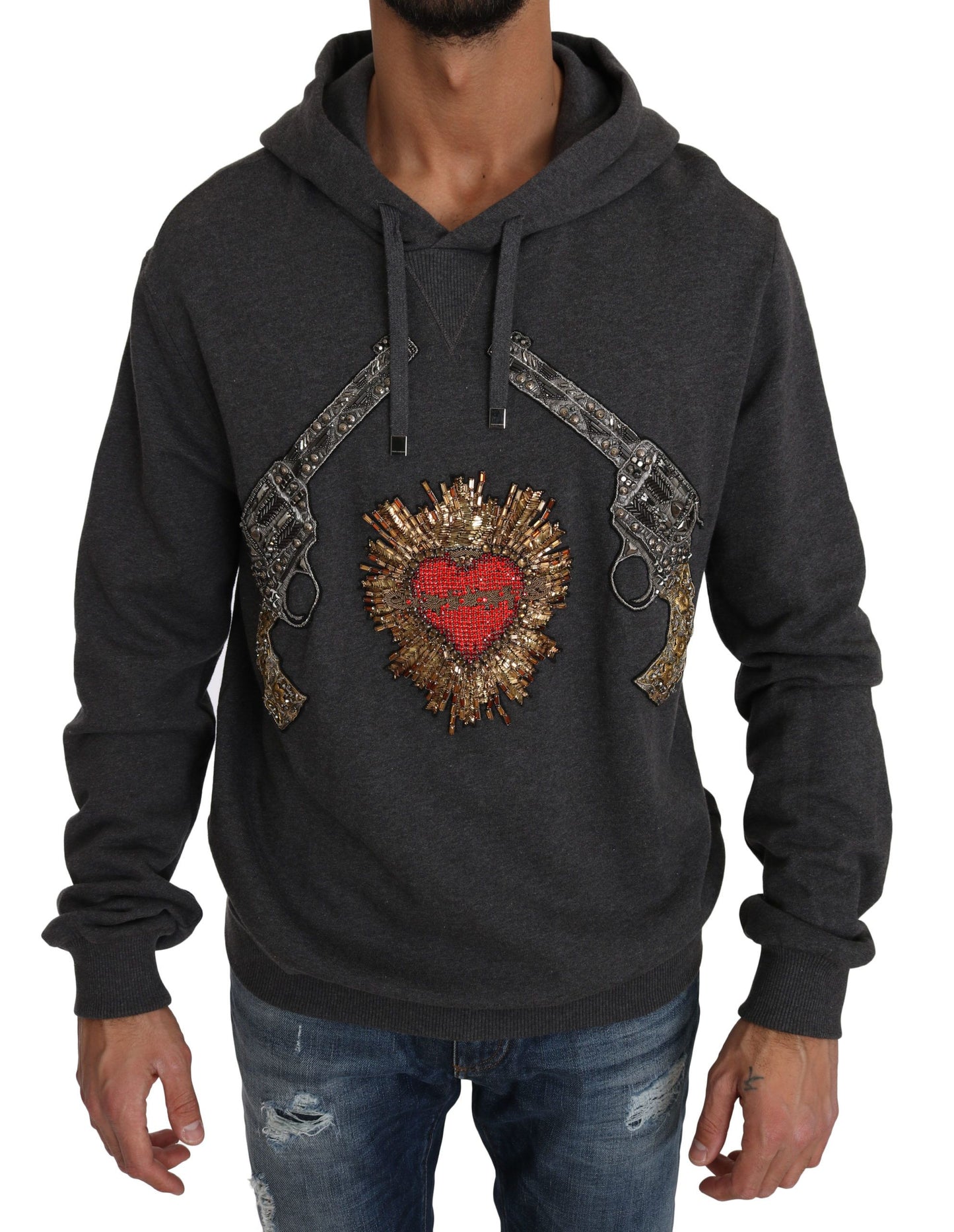 Dolce &amp; Gabbana Gray Crystal Heart Gun Motif Sweater