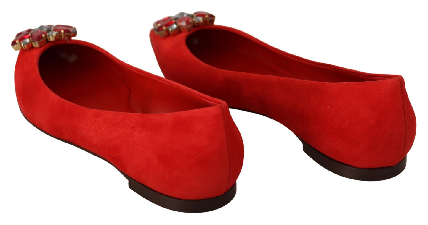 Dolce &amp; Gabbana Crystal Embellished Red Suede Flats