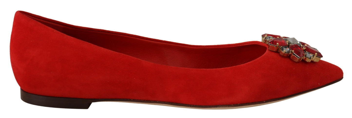 Dolce &amp; Gabbana Crystal Embellished Red Suede Flats