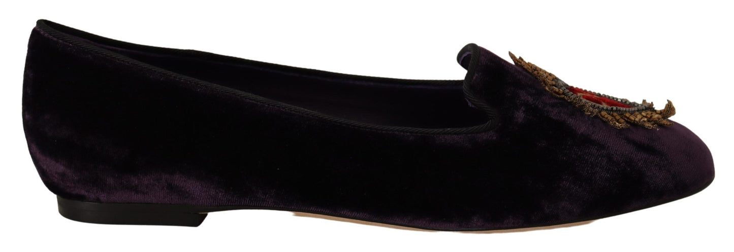 Dolce &amp; Gabbana Chic Purple Velvet Loafers with Heart Detail