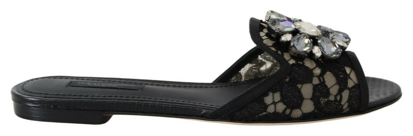 Dolce &amp; Gabbana Elegant Black Lace Mules with Jewel Flower Detail