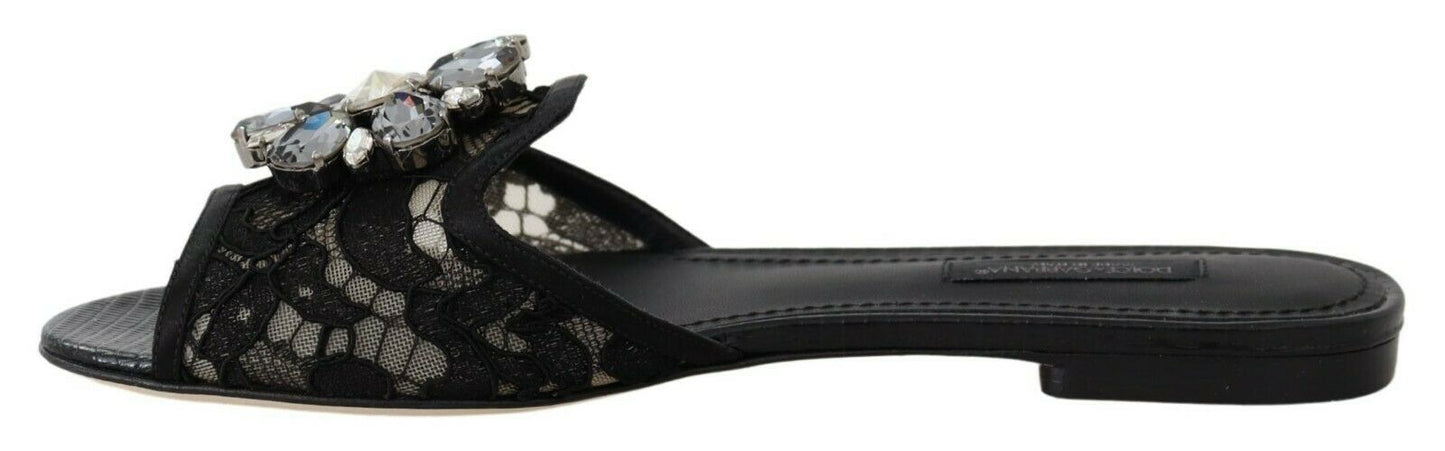 Dolce &amp; Gabbana Elegant Black Lace Mules with Jewel Flower Detail