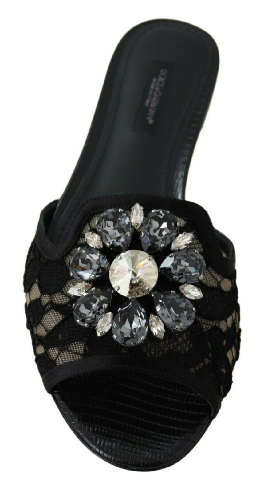 Dolce &amp; Gabbana Elegant Black Lace Mules with Jewel Flower Detail