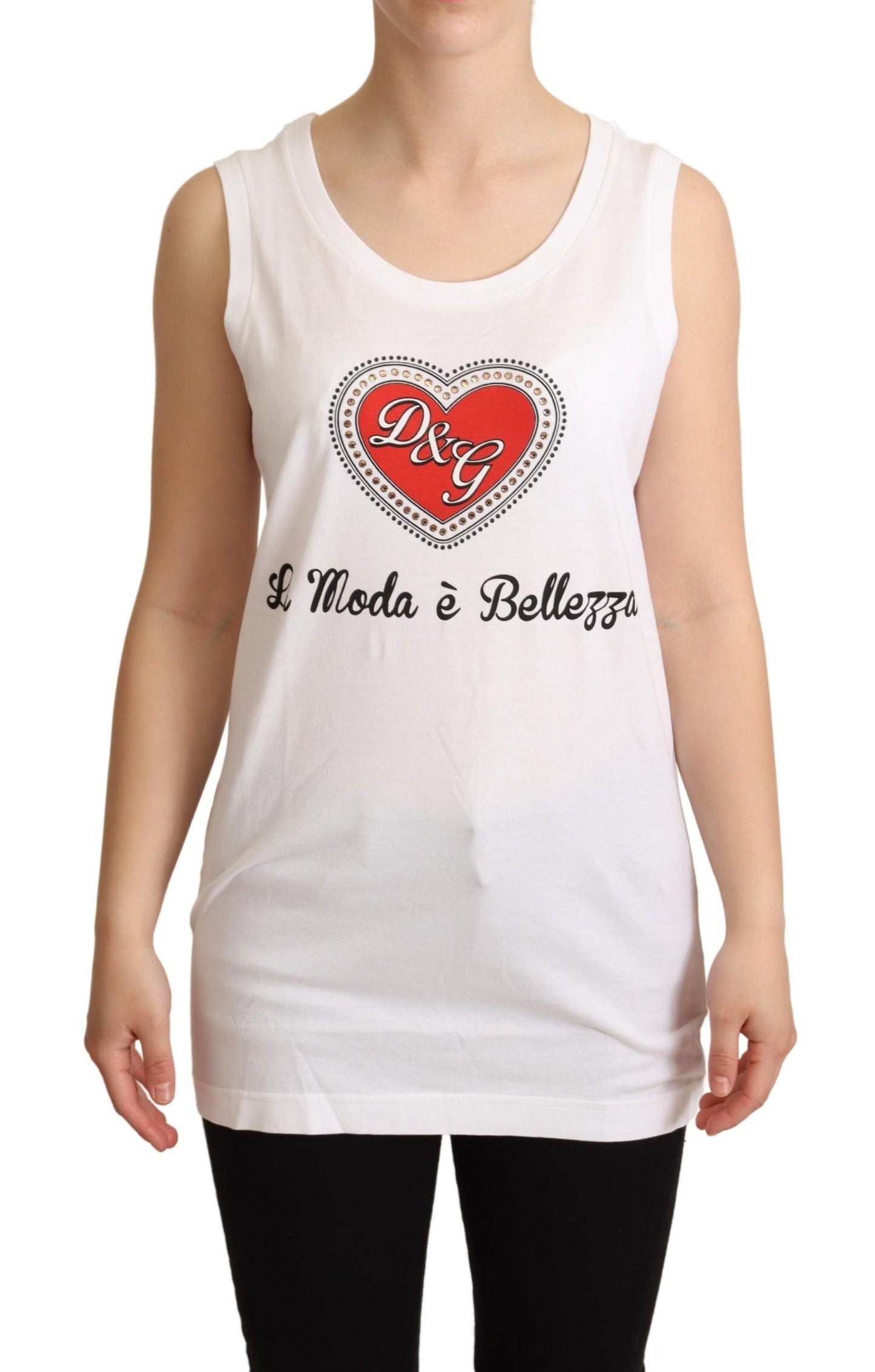 Dolce &amp; Gabbana Crystal Embellished Heart White Sleeveless Tee