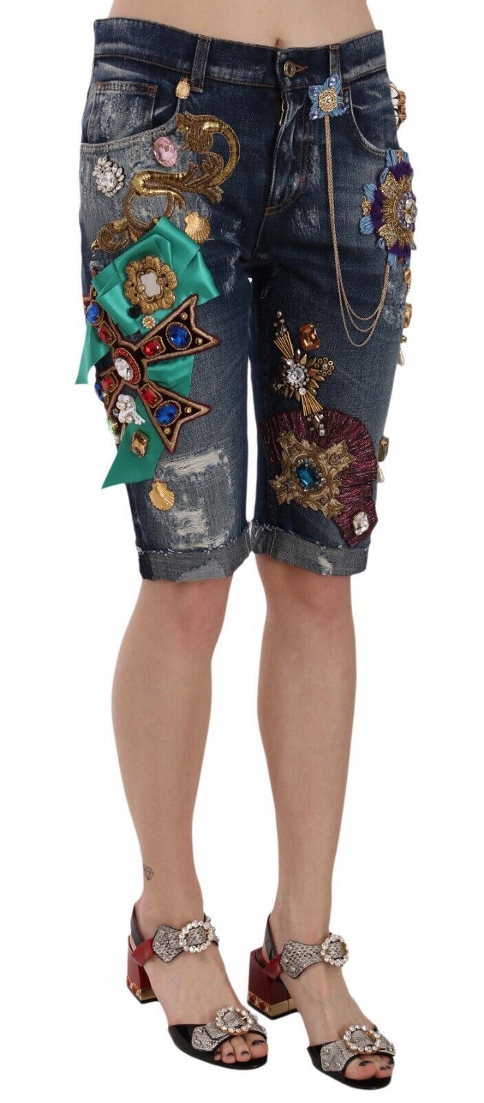 Dolce &amp; Gabbana Elegant Knee-Length Embellished Denim Shorts