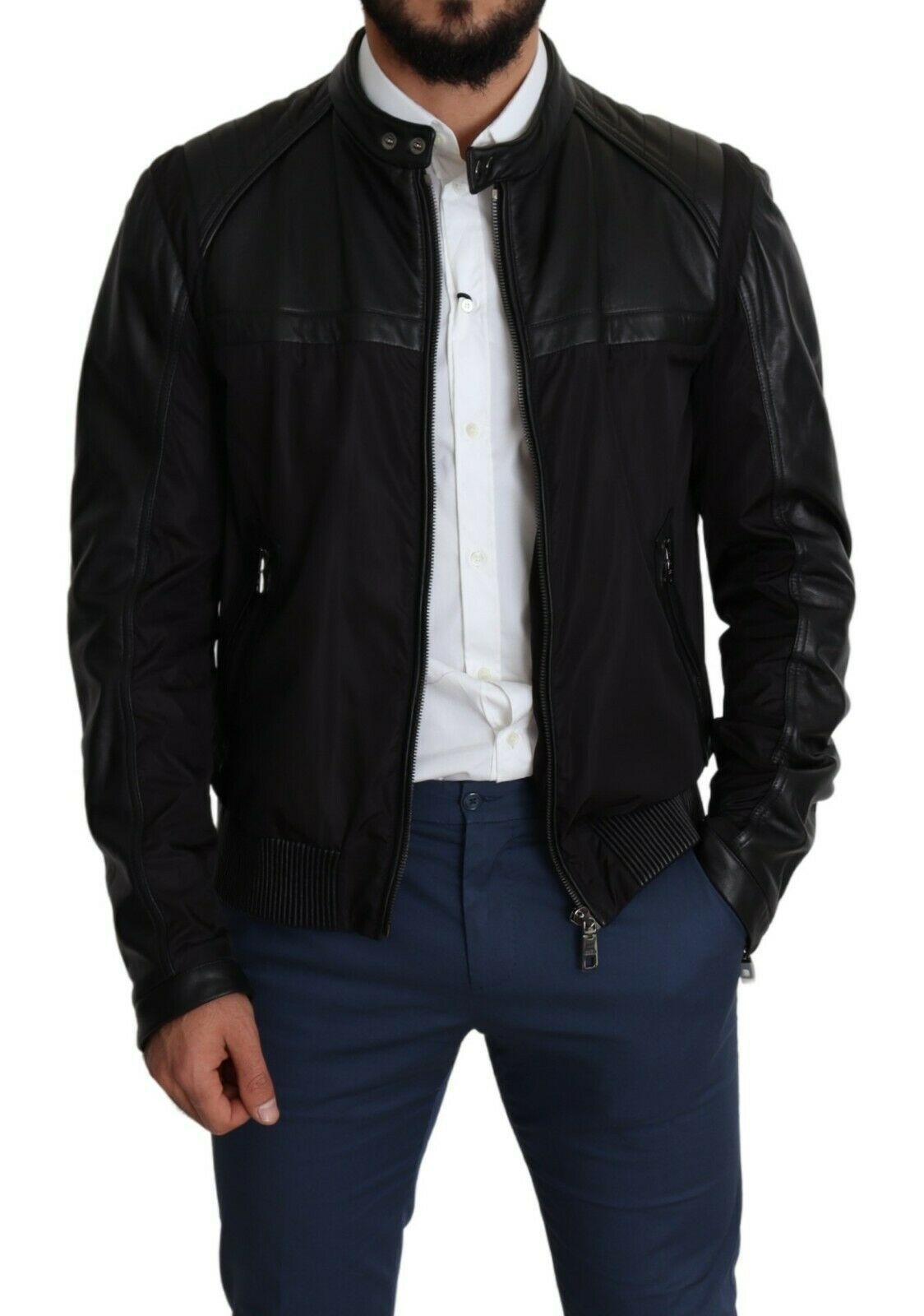 Dolce & Gabbana Elegant Black Bomber with Leather Accents