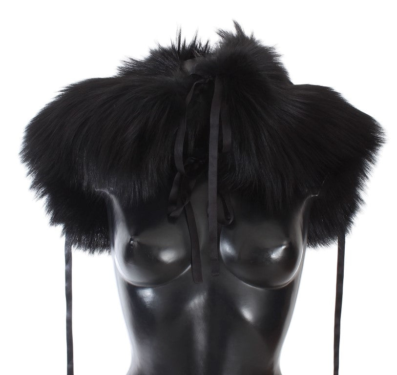 Dolce & Gabbana Elegant Black Fox Fur Silk Shoulder Wrap