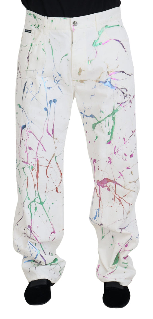 Dolce &amp; Gabbana Chic White Splash Print Denim Pants