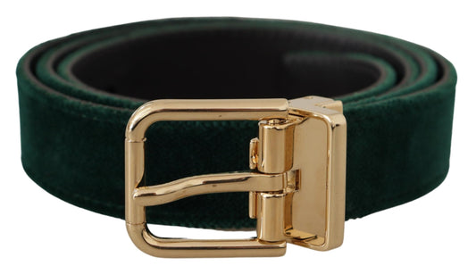 Dolce &amp; Gabbana Emerald Velvet Designer Belt with Golden Buckle