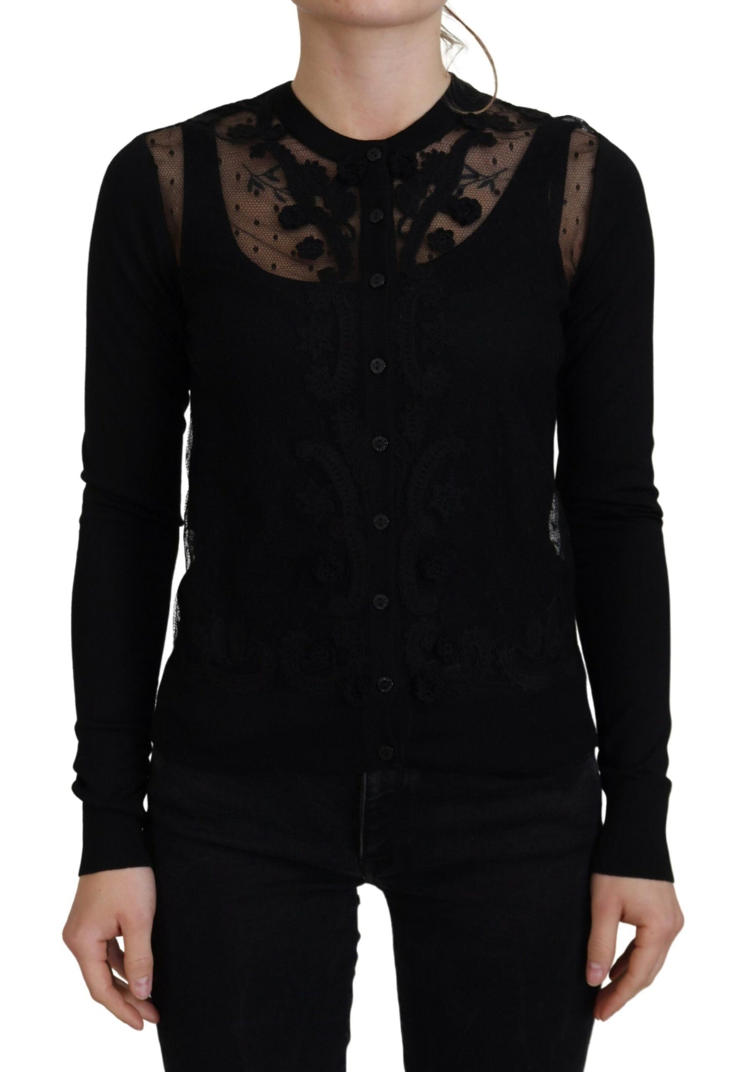 Dolce &amp; Gabbana Elegant Black Floral Lace Cardigan Sweater