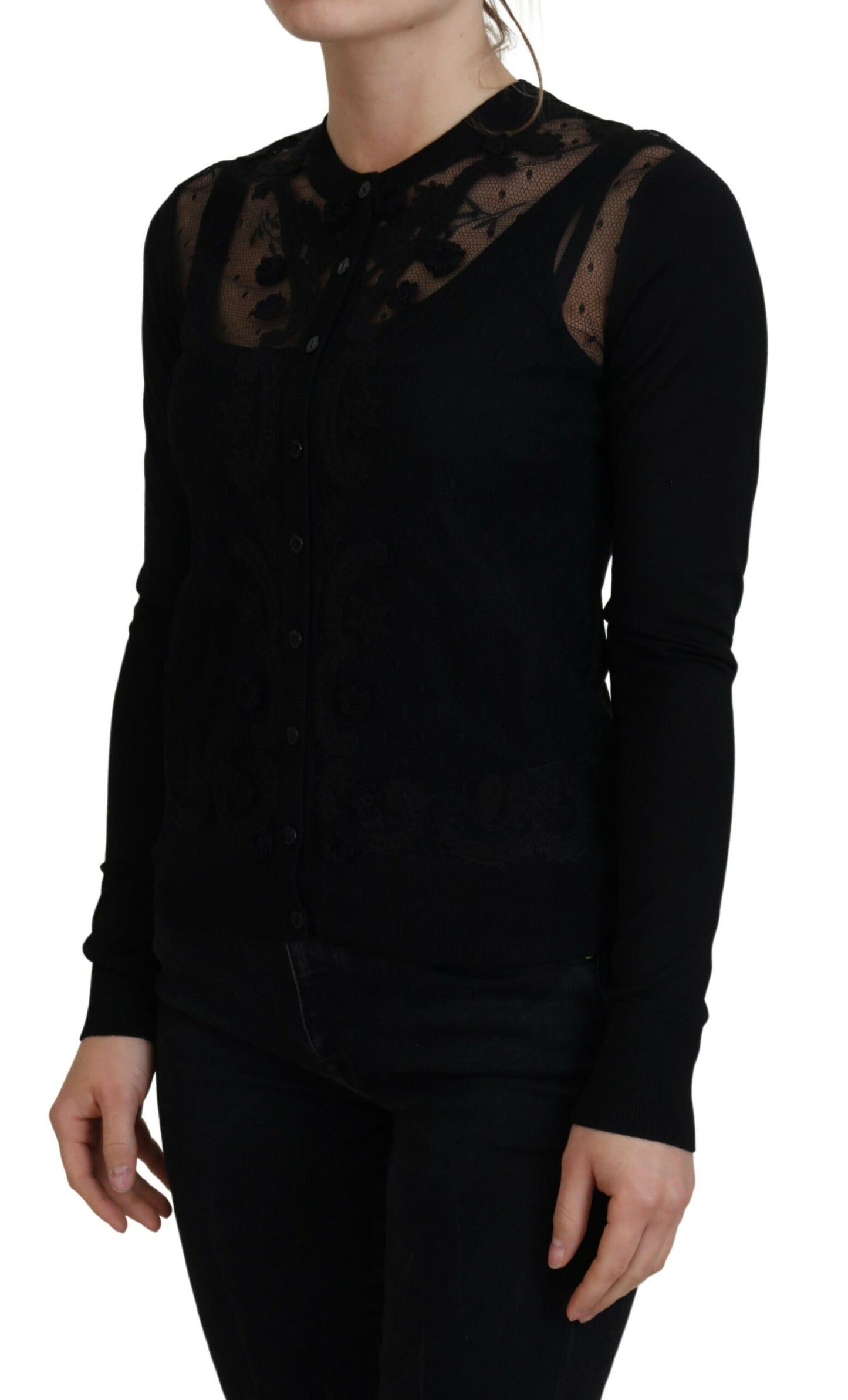 Dolce &amp; Gabbana Elegant Black Floral Lace Cardigan Sweater