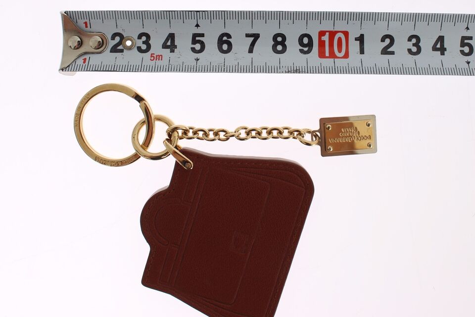 Dolce &amp; Gabbana Elegant Brown Leather Keychain with Gold Detailing