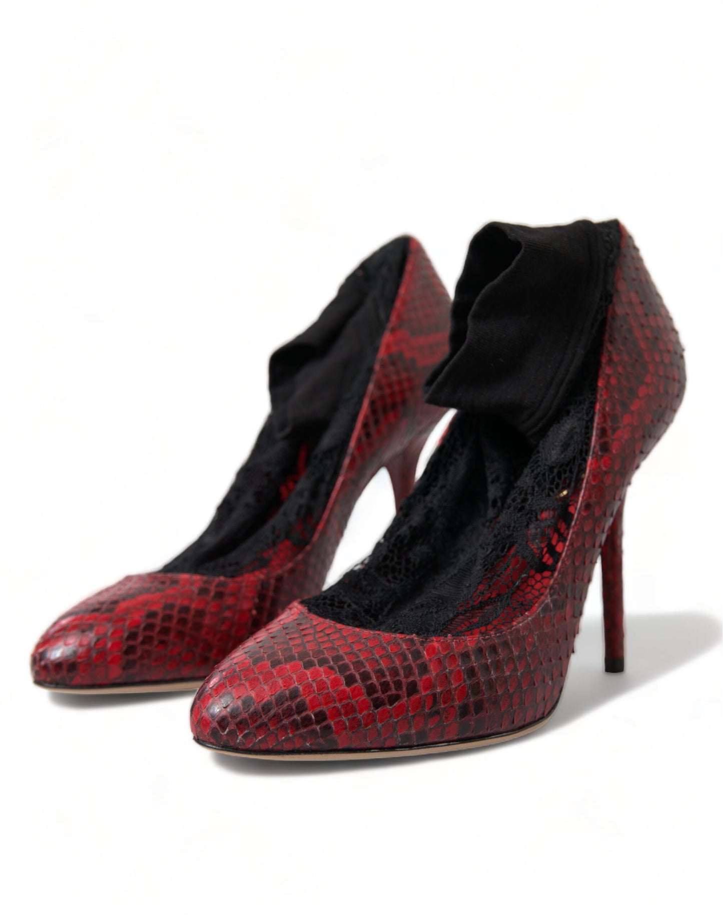 Dolce & Gabbana Red Almond Toe Snakeskin Pumps with Lace Socks