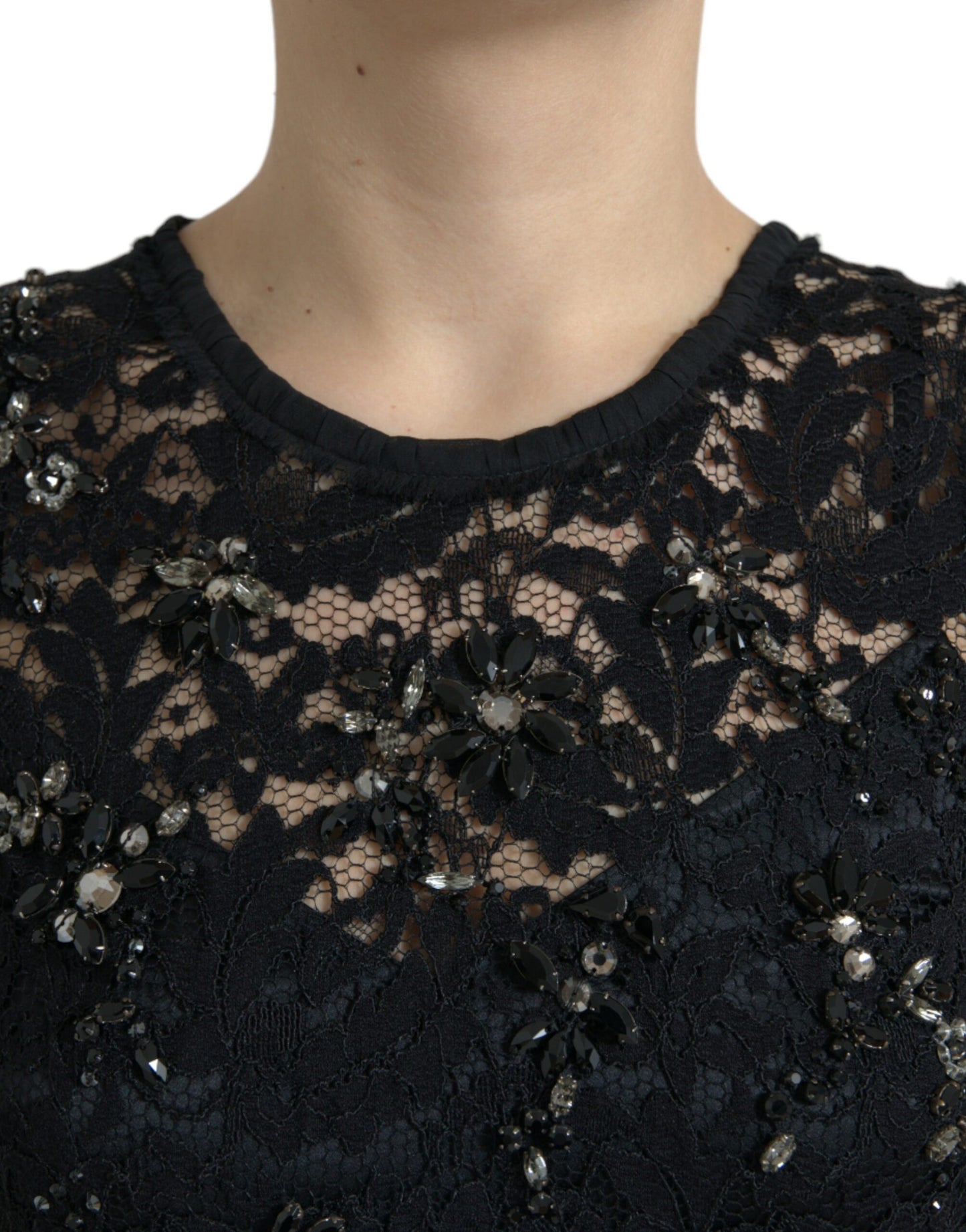 Dolce &amp; Gabbana Exquisite Black Floral Lace Crystal Sheath Dress