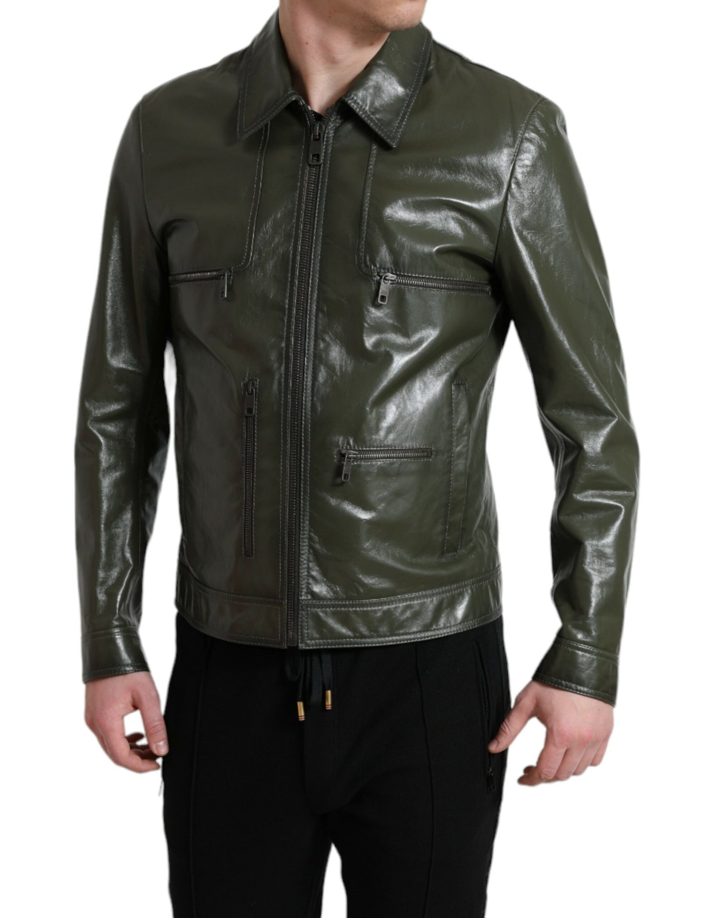 Dolce &amp; Gabbana Emerald Elegance Leather Biker Jacket