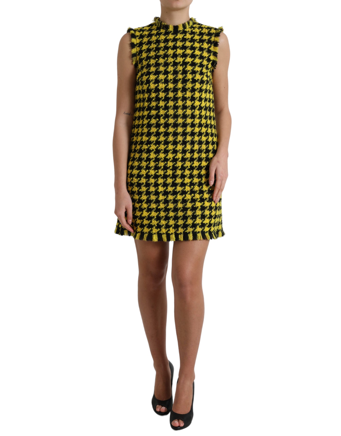 Dolce &amp; Gabbana Houndstooth Knitted Chic Yellow Mini Skirt