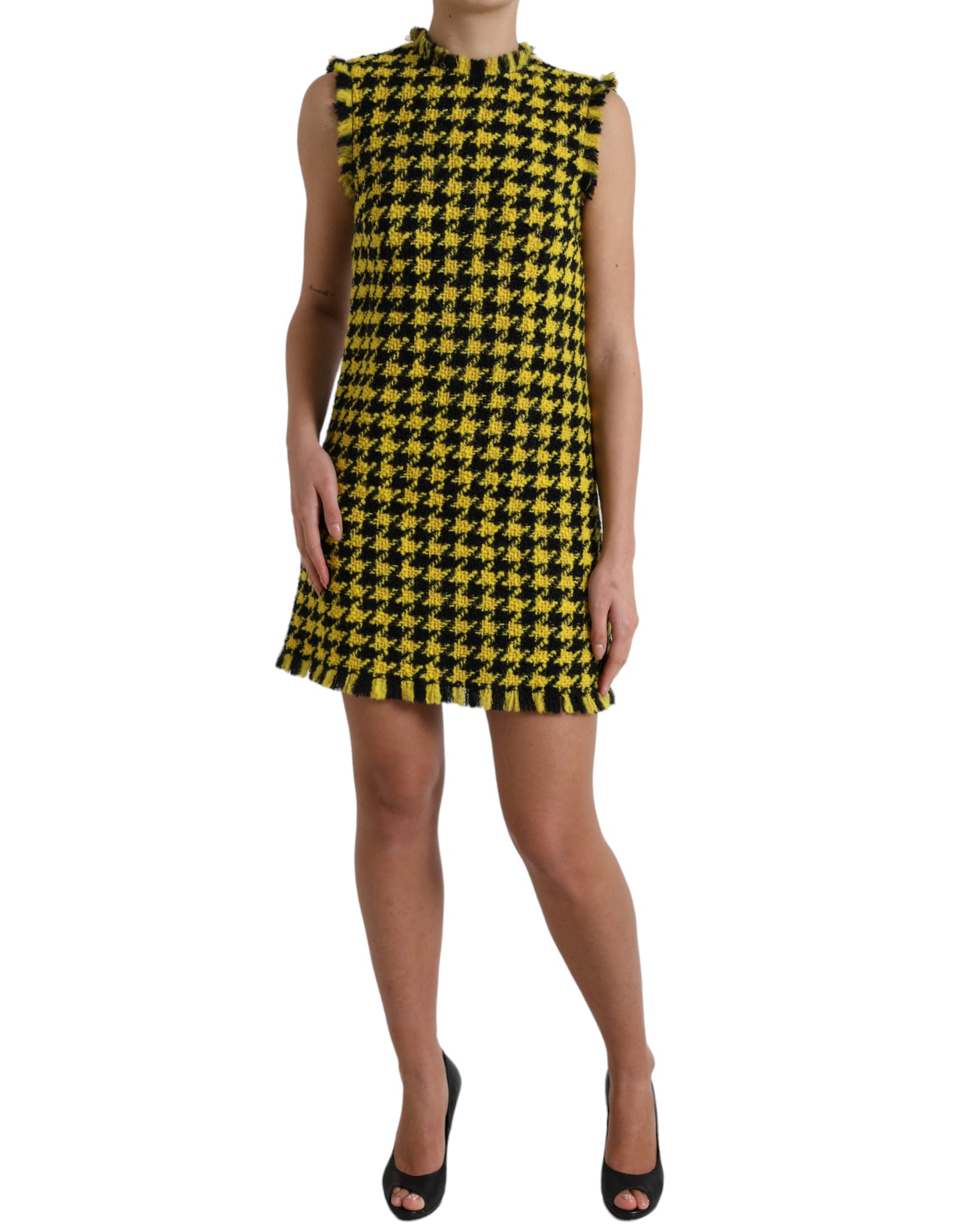 Dolce &amp; Gabbana Houndstooth Knitted Chic Yellow Mini Skirt