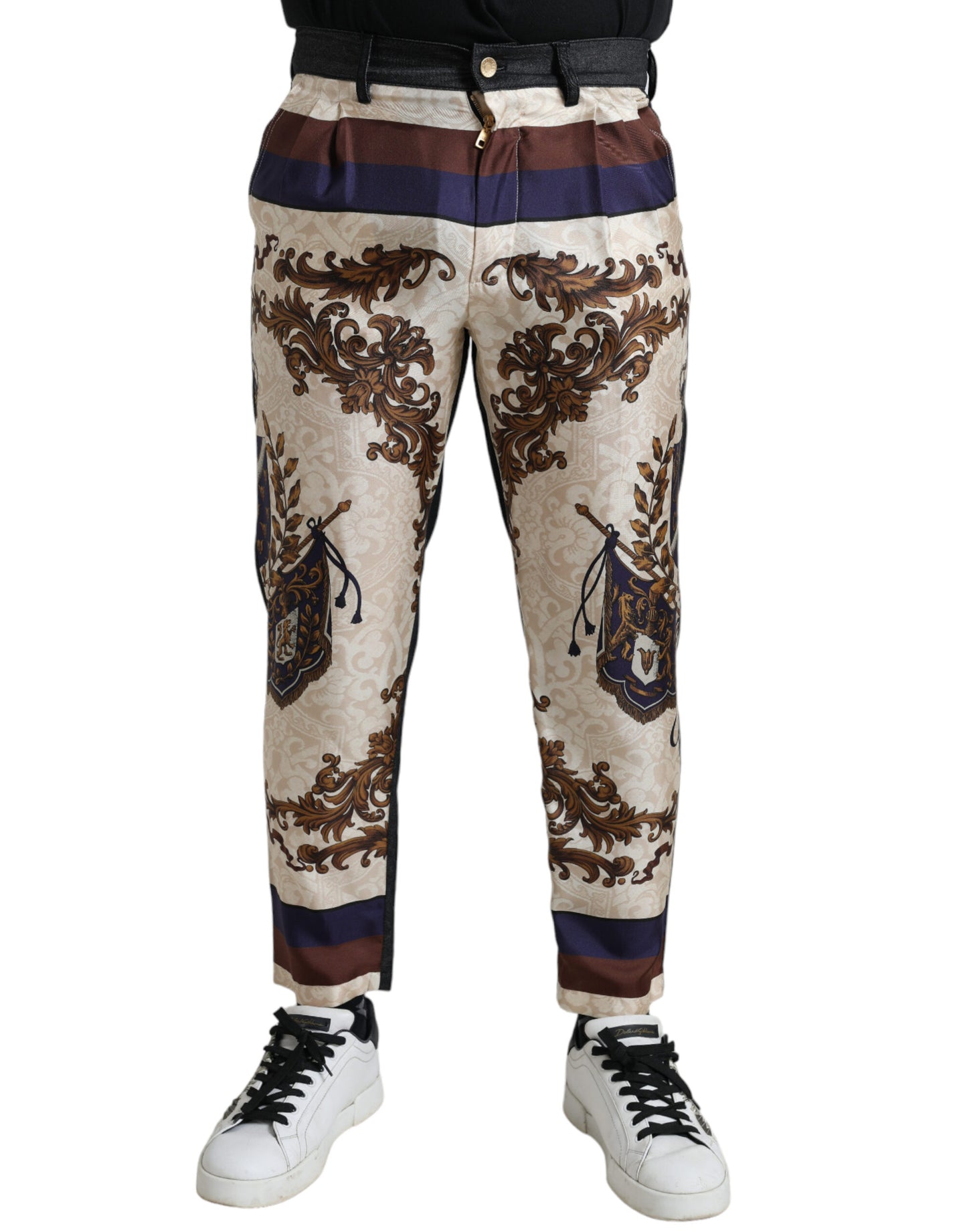 Dolce &amp; Gabbana Elegant Silk Skinny Pants with Heraldic Print