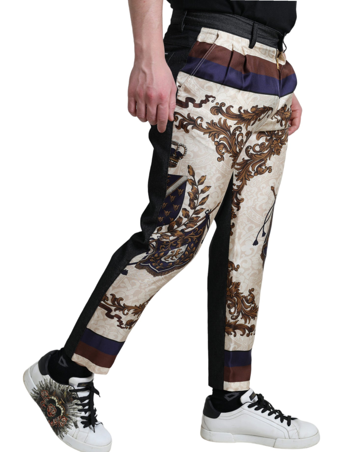 Dolce &amp; Gabbana Elegant Silk Skinny Pants with Heraldic Print