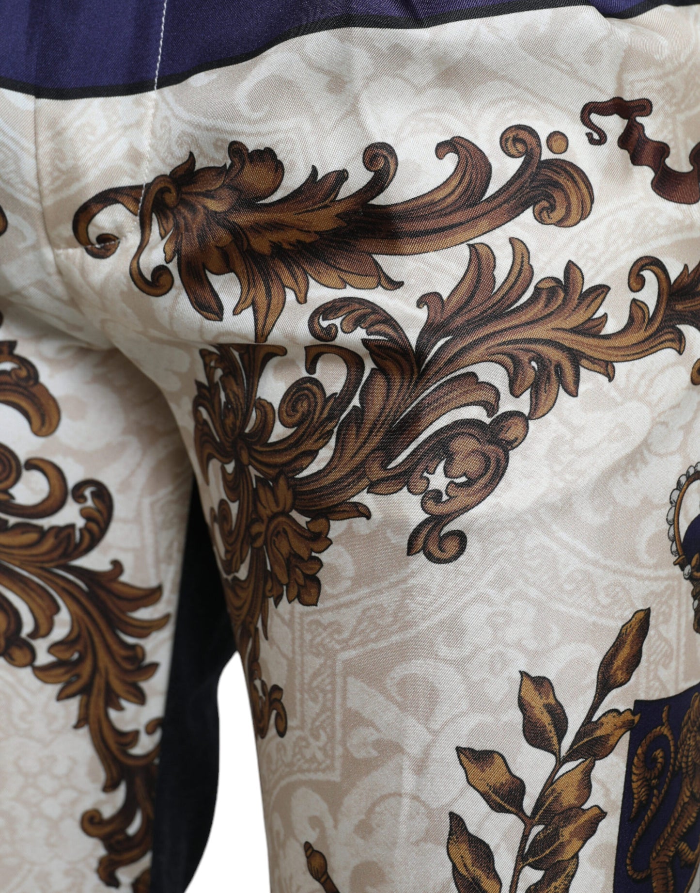 Dolce &amp; Gabbana Elegant Silk Skinny Pants with Heraldic Print