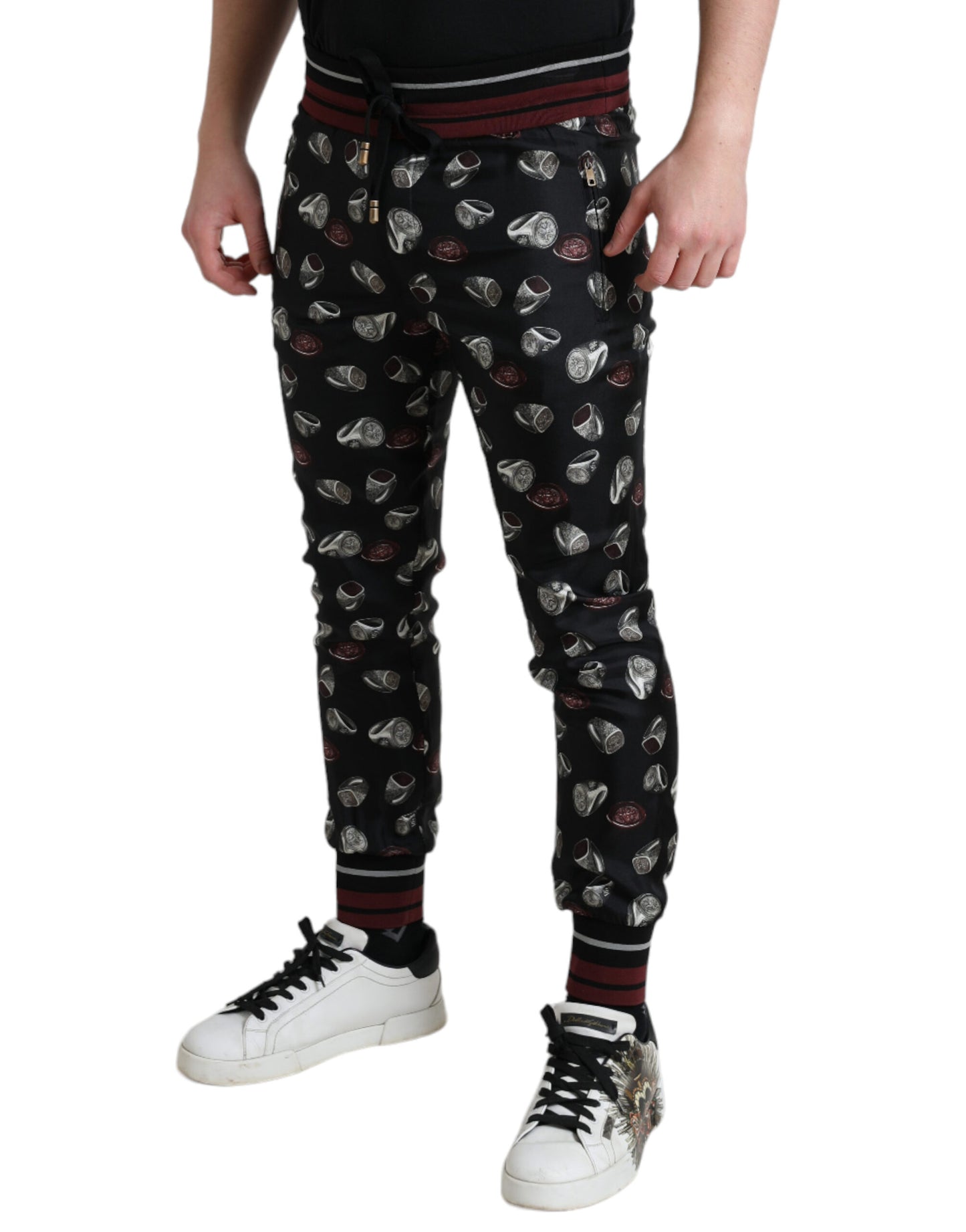 Dolce &amp; Gabbana Elegant Silk Jogging Trousers with Ring Print