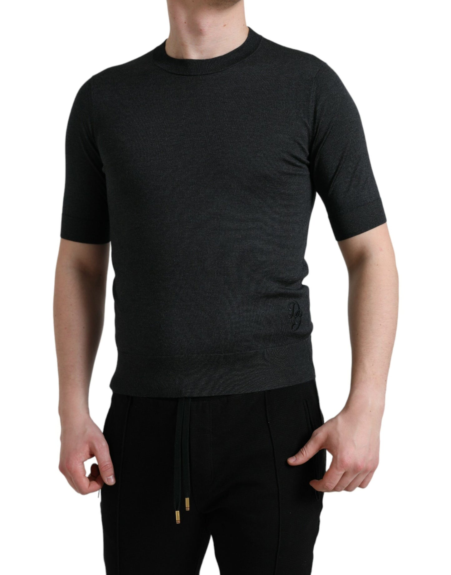 Dolce & Gabbana Elegant Silk Crew Neck Tee in Dark Grey