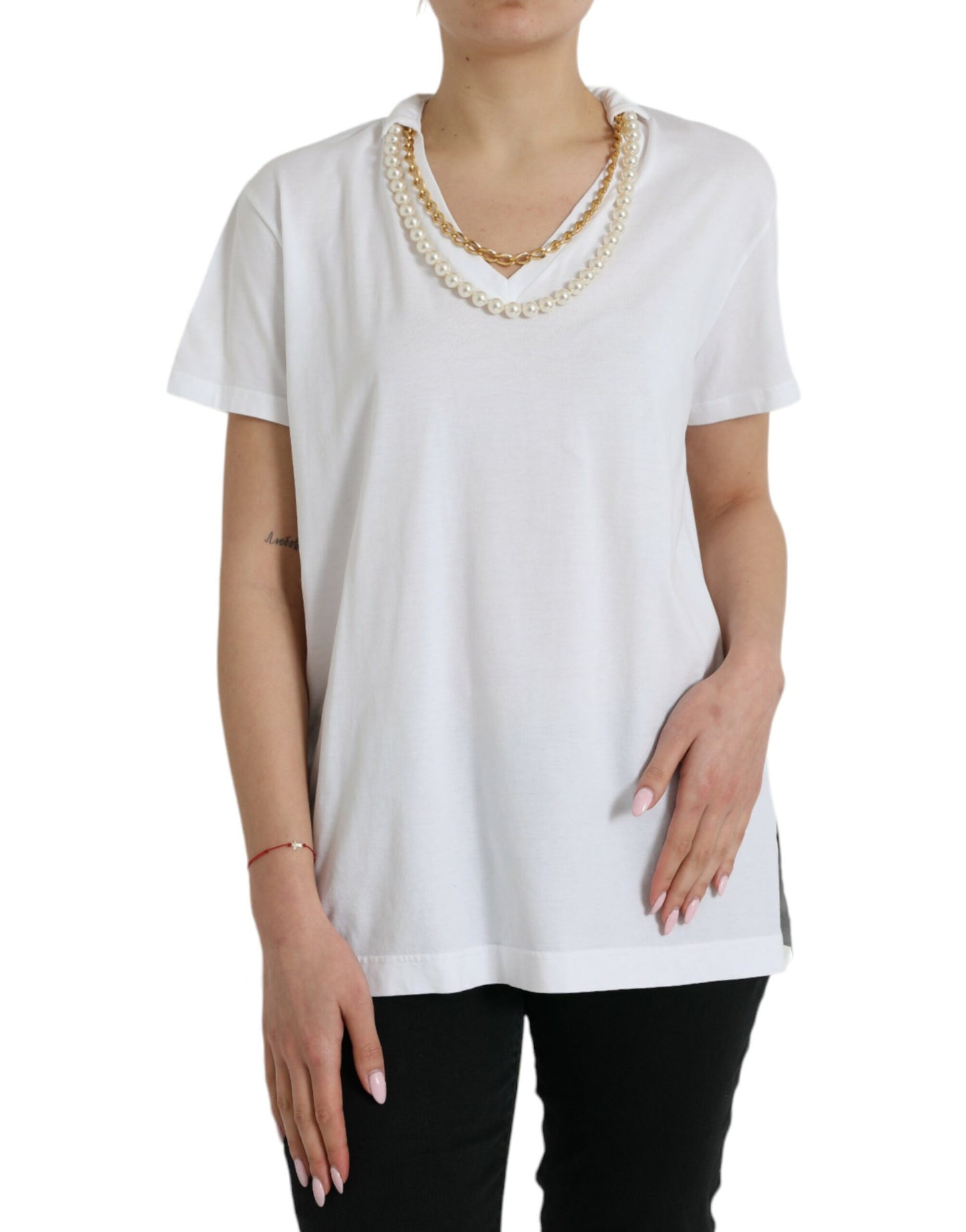 Dolce & Gabbana Elegant White Cotton Tee with Necklace Detail