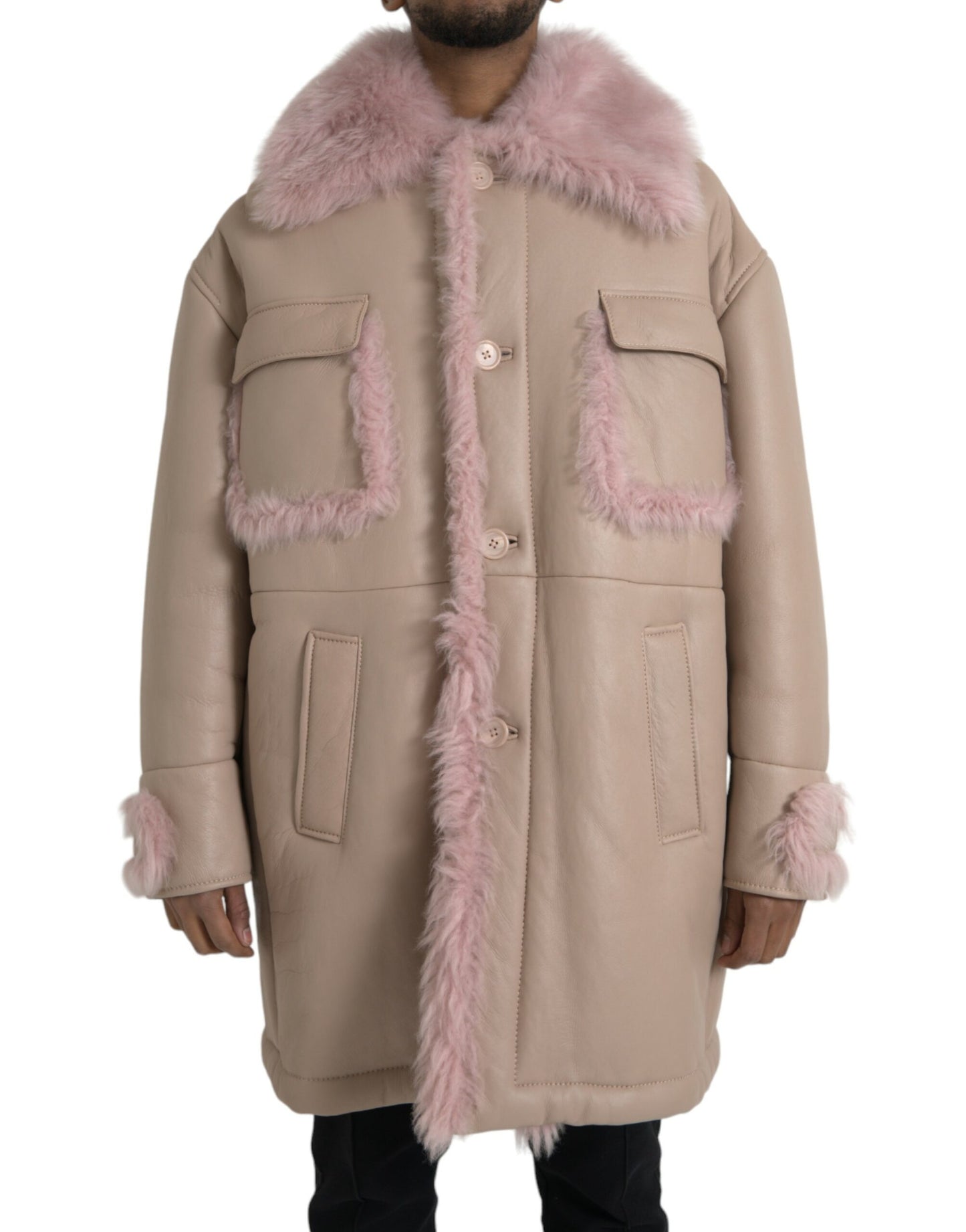 Dolce &amp; Gabbana Beige Pink Lamb Leather Shearling Coat Jacket