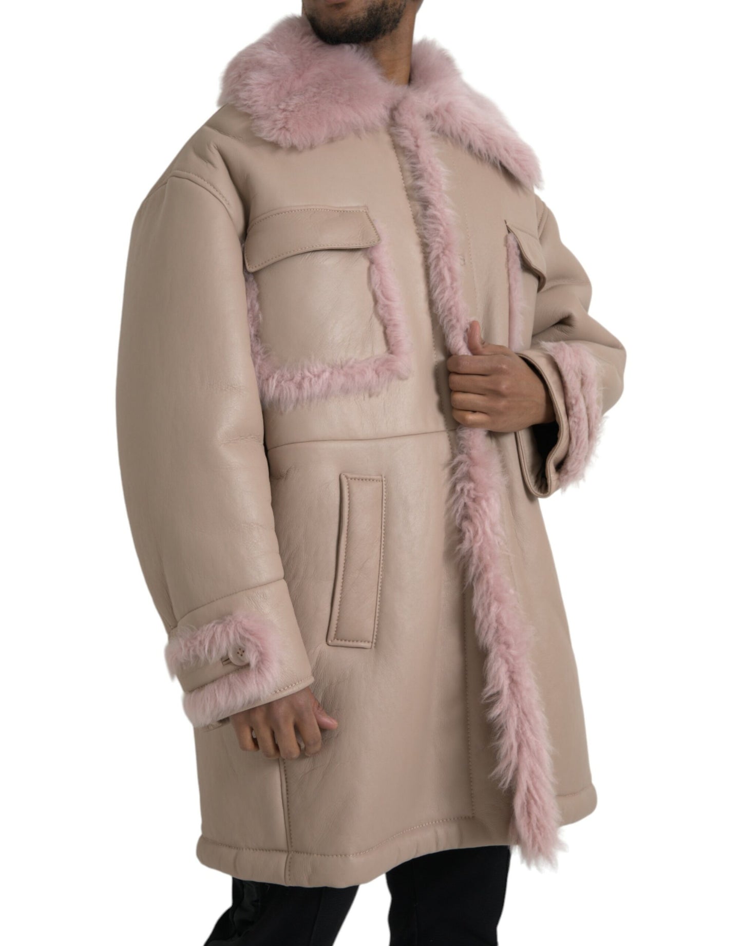 Dolce &amp; Gabbana Beige Pink Lamb Leather Shearling Coat Jacket