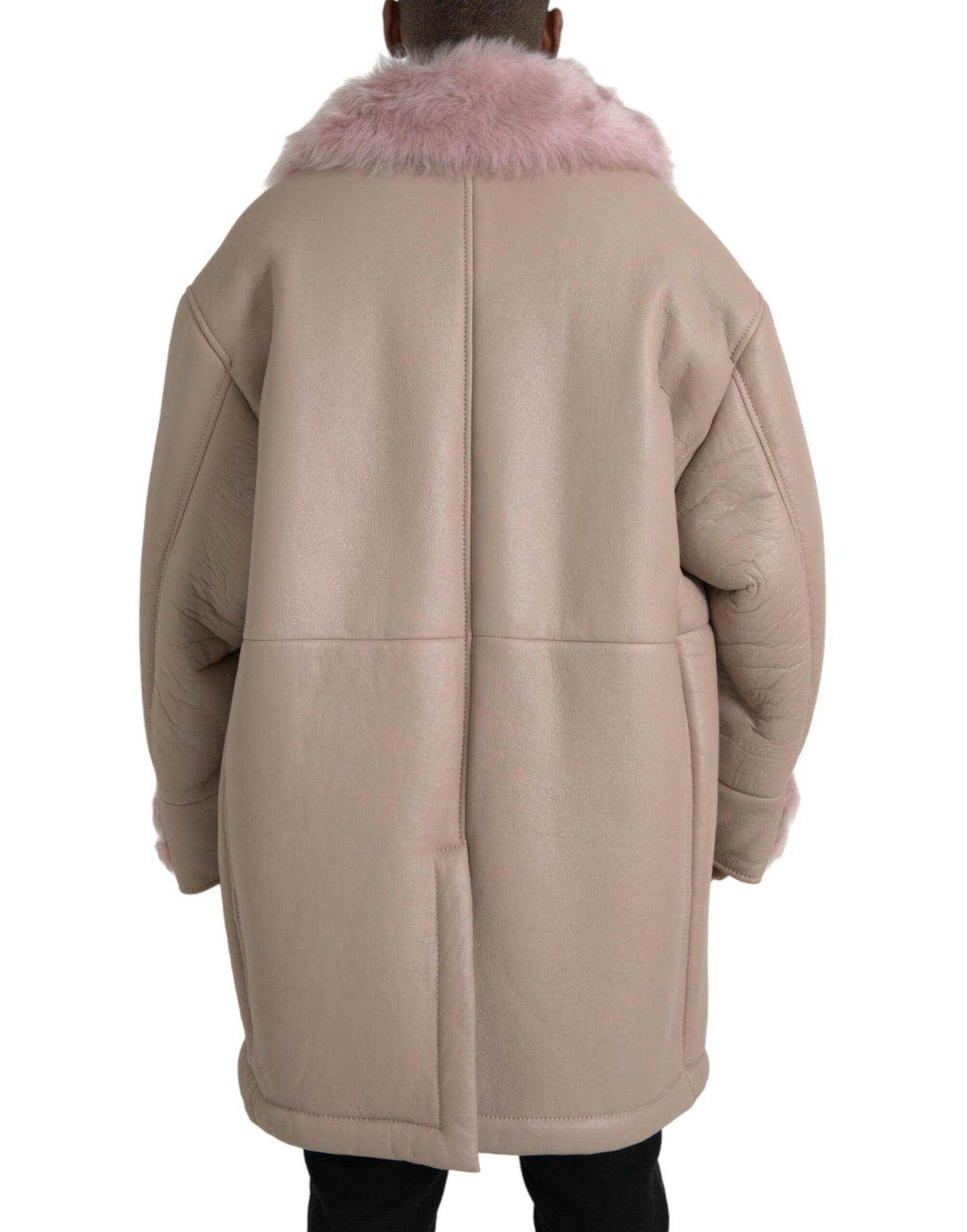 Dolce &amp; Gabbana Beige Pink Lamb Leather Shearling Coat Jacket