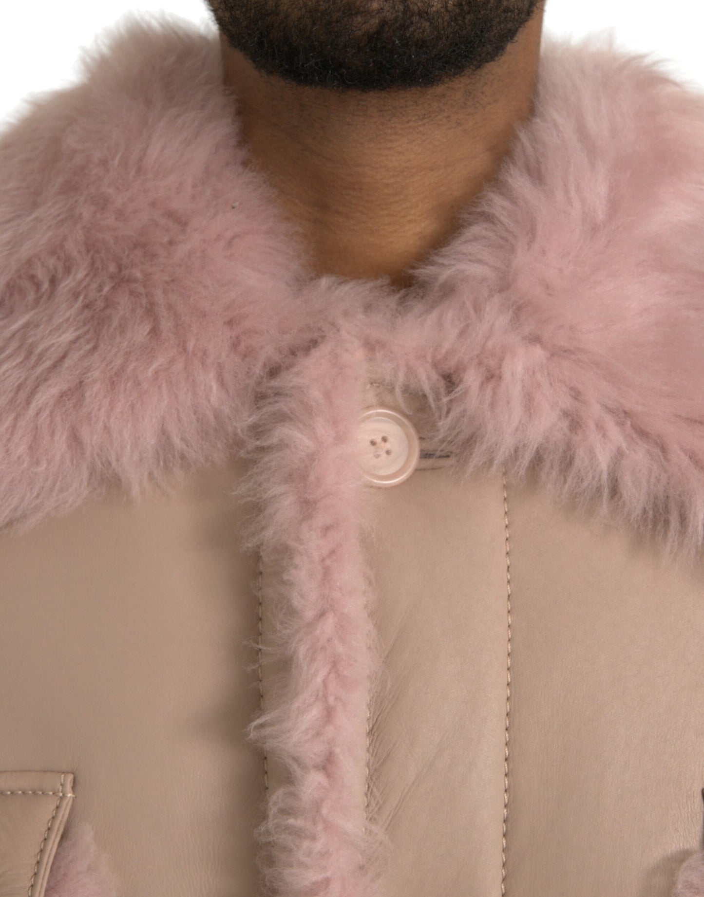 Dolce &amp; Gabbana Beige Pink Lamb Leather Shearling Coat Jacket