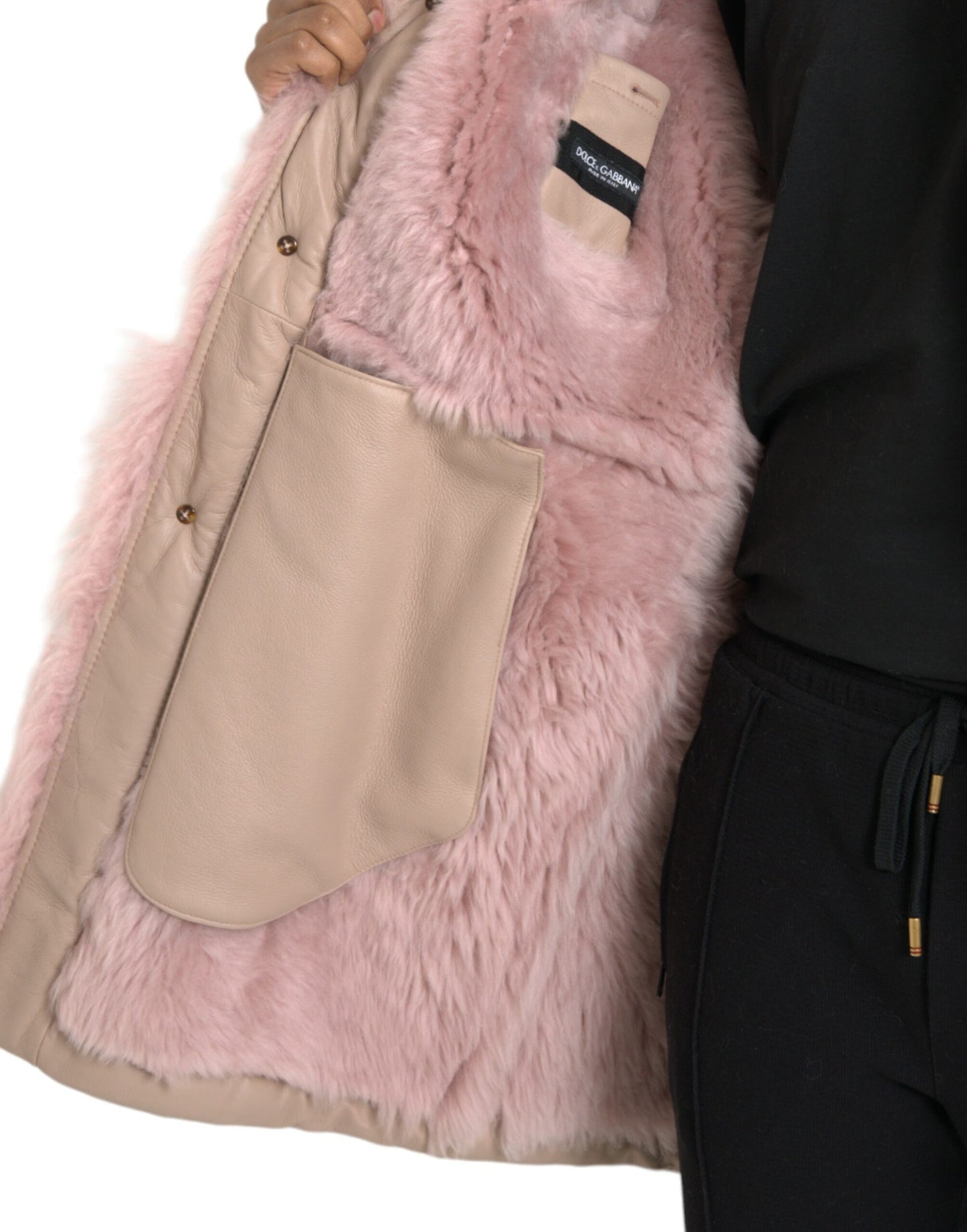 Dolce &amp; Gabbana Beige Pink Lamb Leather Shearling Coat Jacket