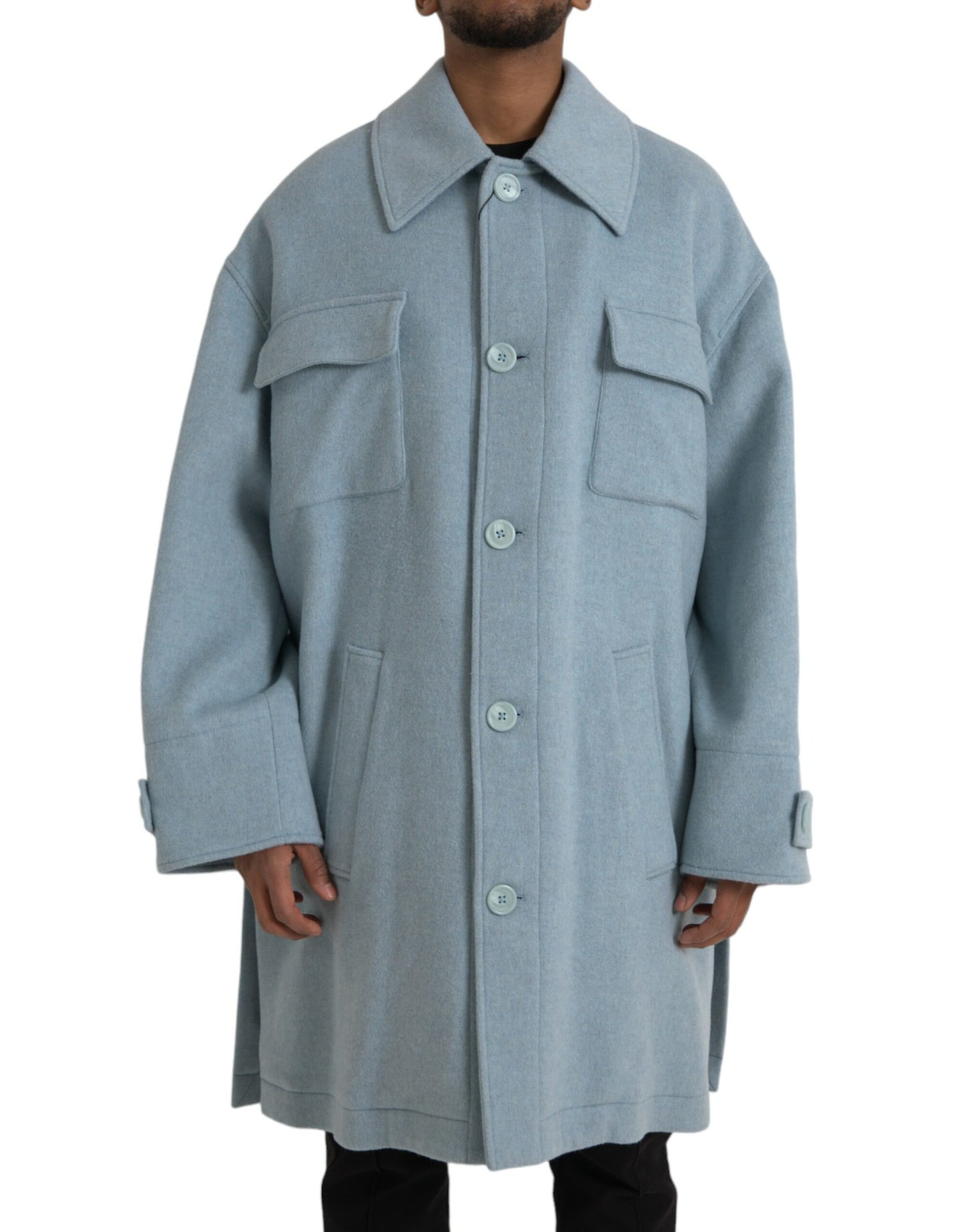 Dolce &amp; Gabbana Light Blue Wool Button Trench Coat Jacket