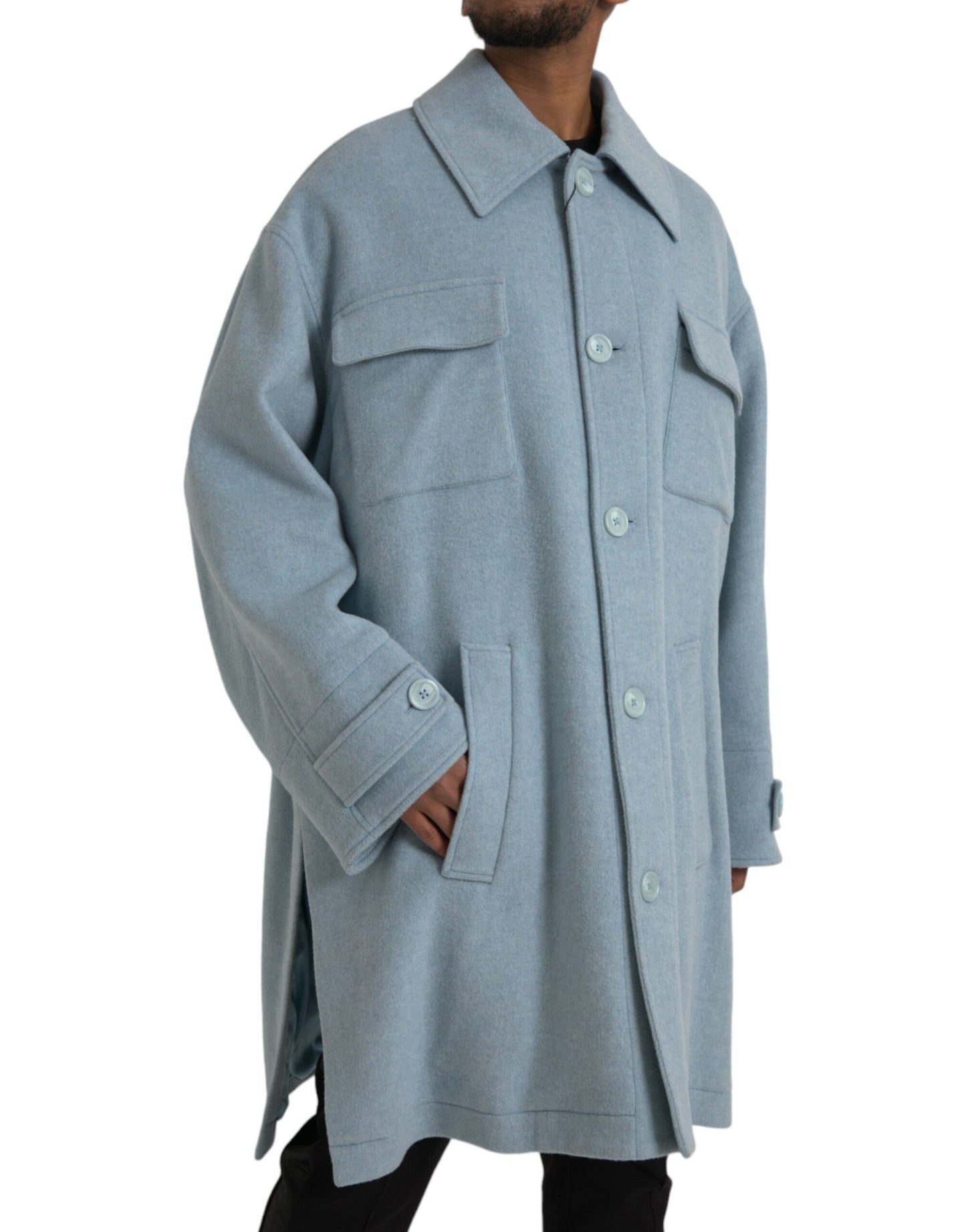 Dolce &amp; Gabbana Light Blue Wool Button Trench Coat Jacket