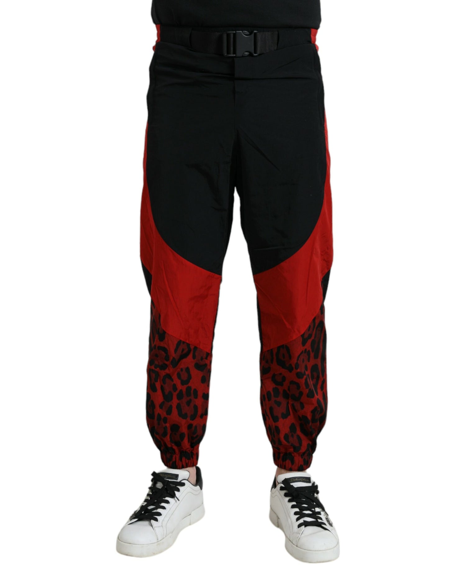 Dolce &amp; Gabbana Black Red Leopard Print Nylon Jogger Pants