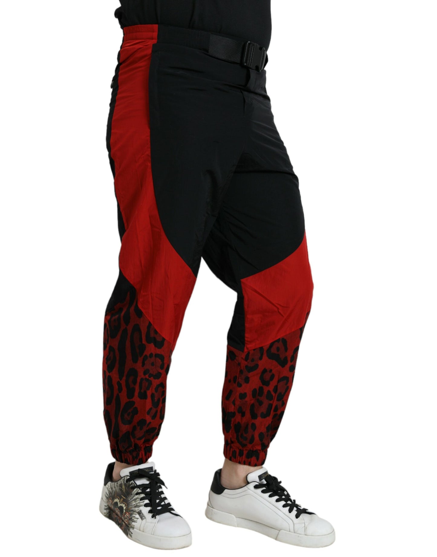 Dolce &amp; Gabbana Black Red Leopard Print Nylon Jogger Pants