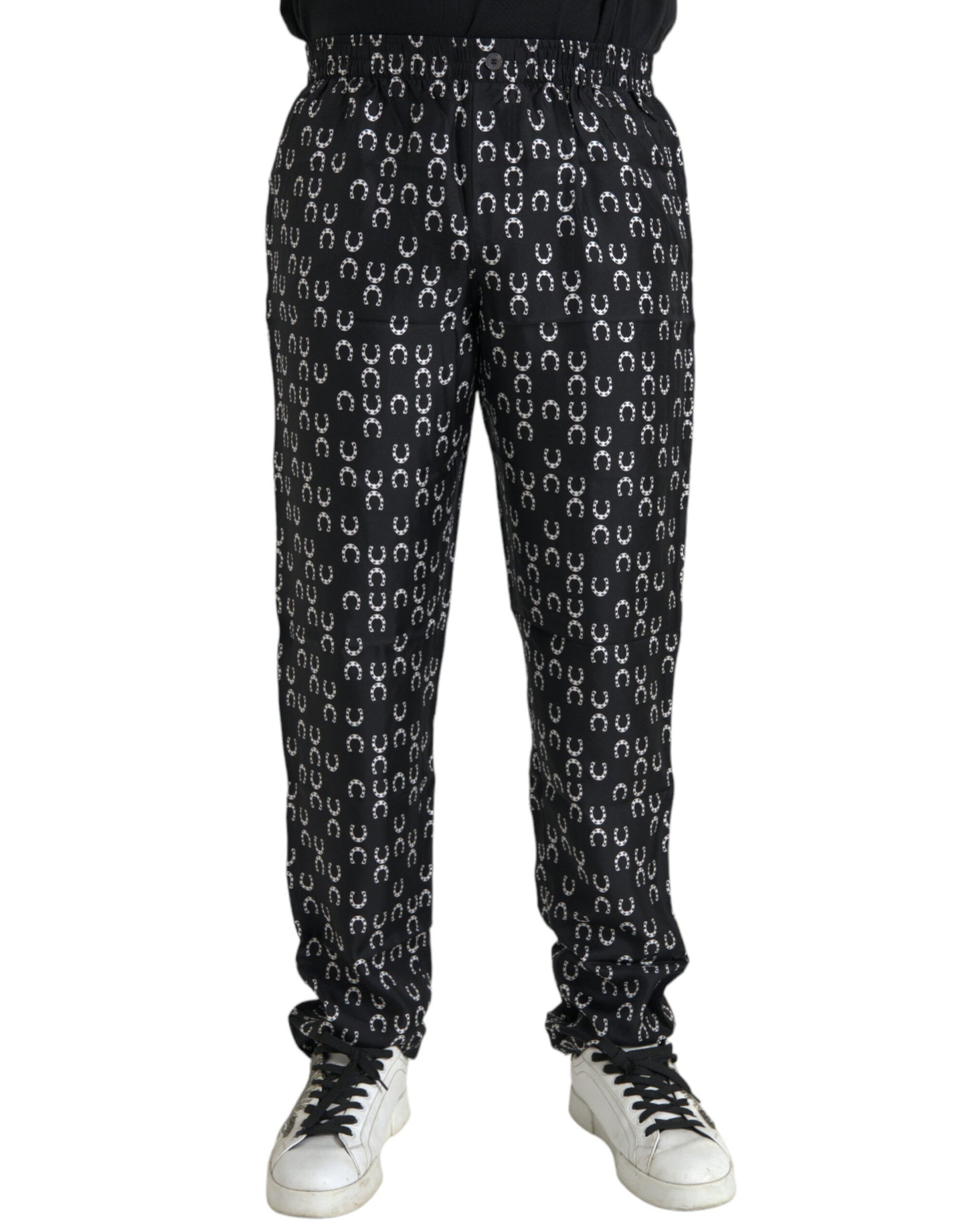 Dolce &amp; Gabbana Black Horseshoe Print Silk Pants