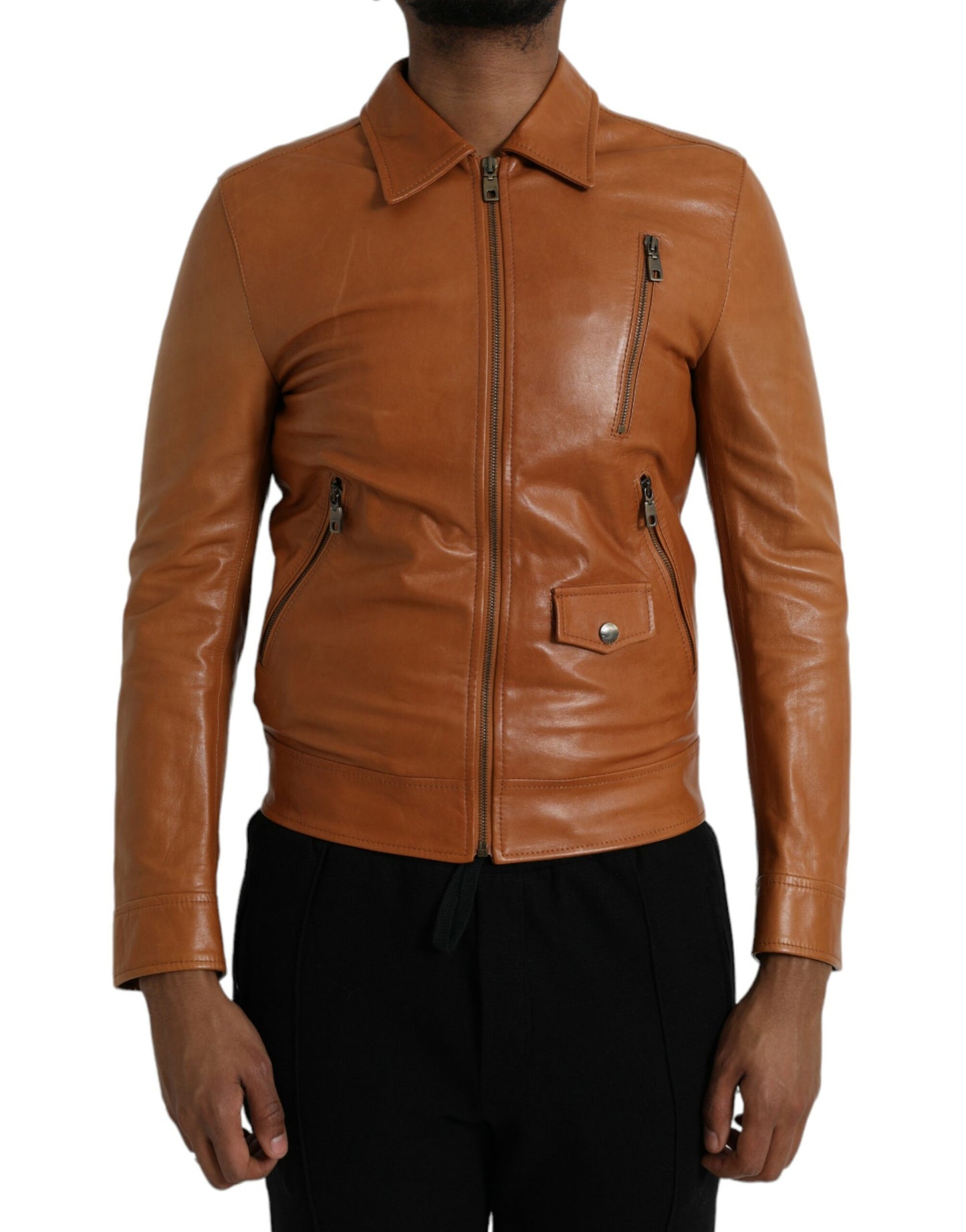 Dolce &amp; Gabbana Brown Lamb Leather Full Zip Blouson Jacket