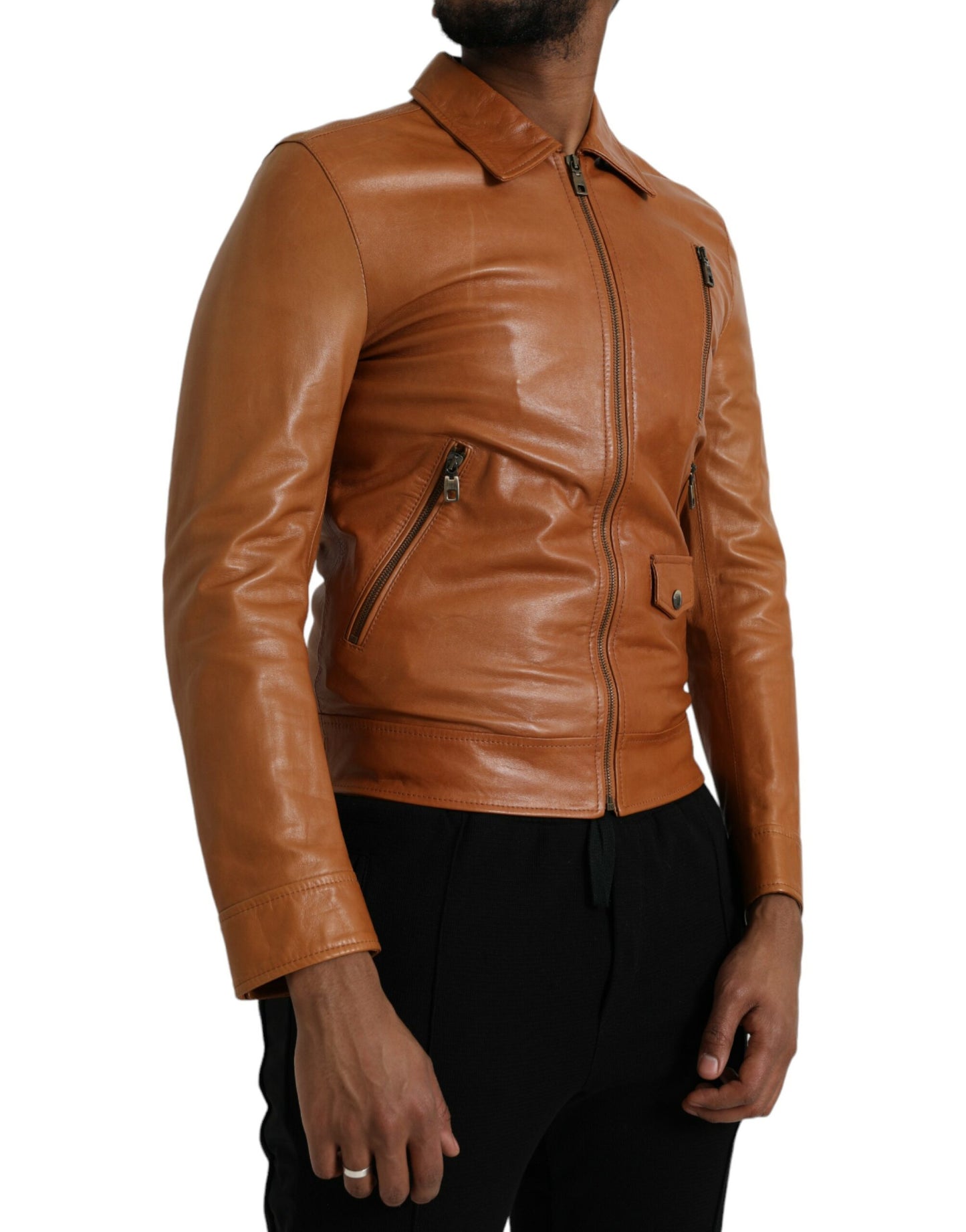 Dolce &amp; Gabbana Brown Lamb Leather Full Zip Blouson Jacket